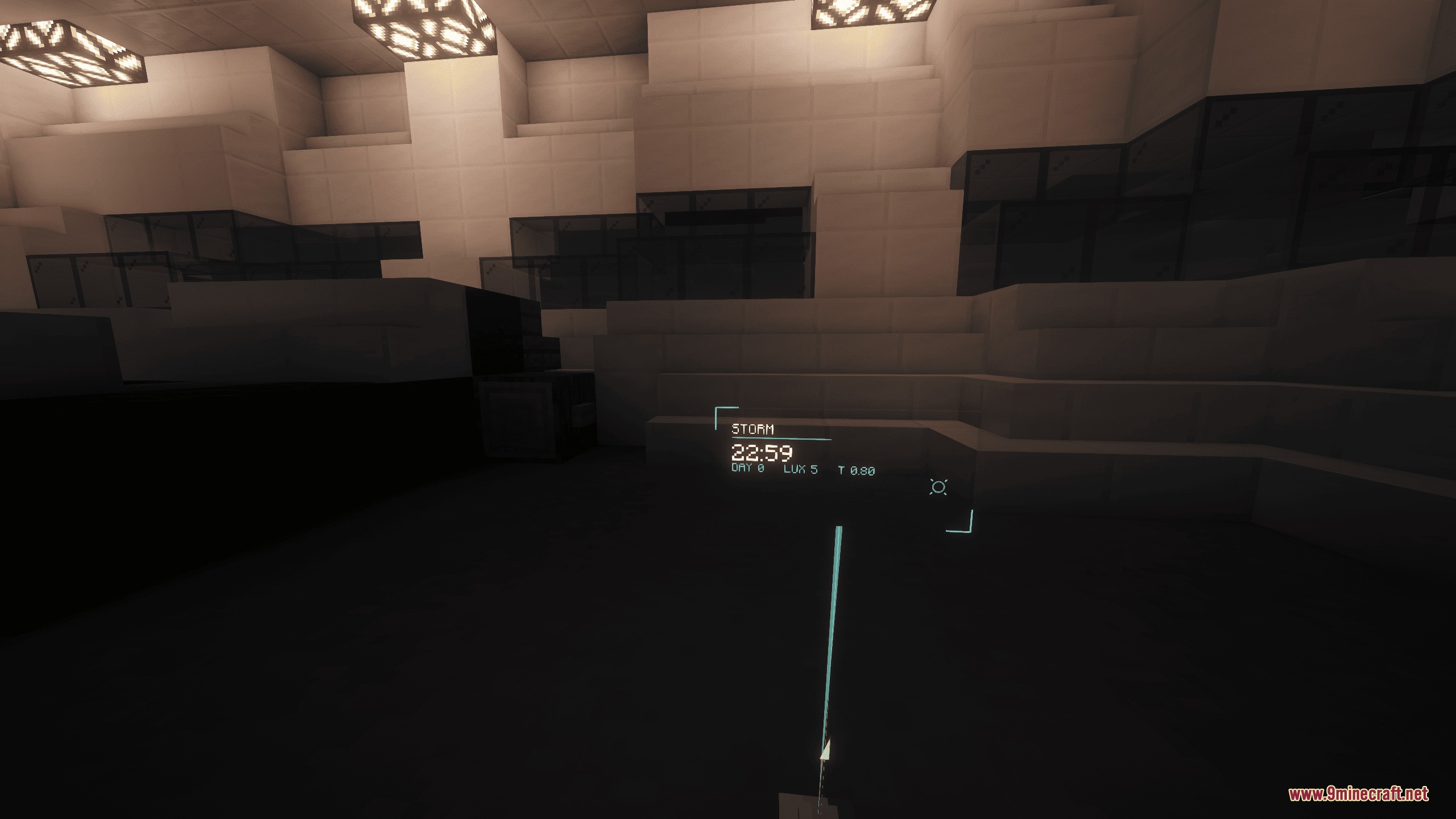 Luminous Drafting Grid Mod Screenshot 4 A transparent wall panel displaying storm alerts and time in Minecraft