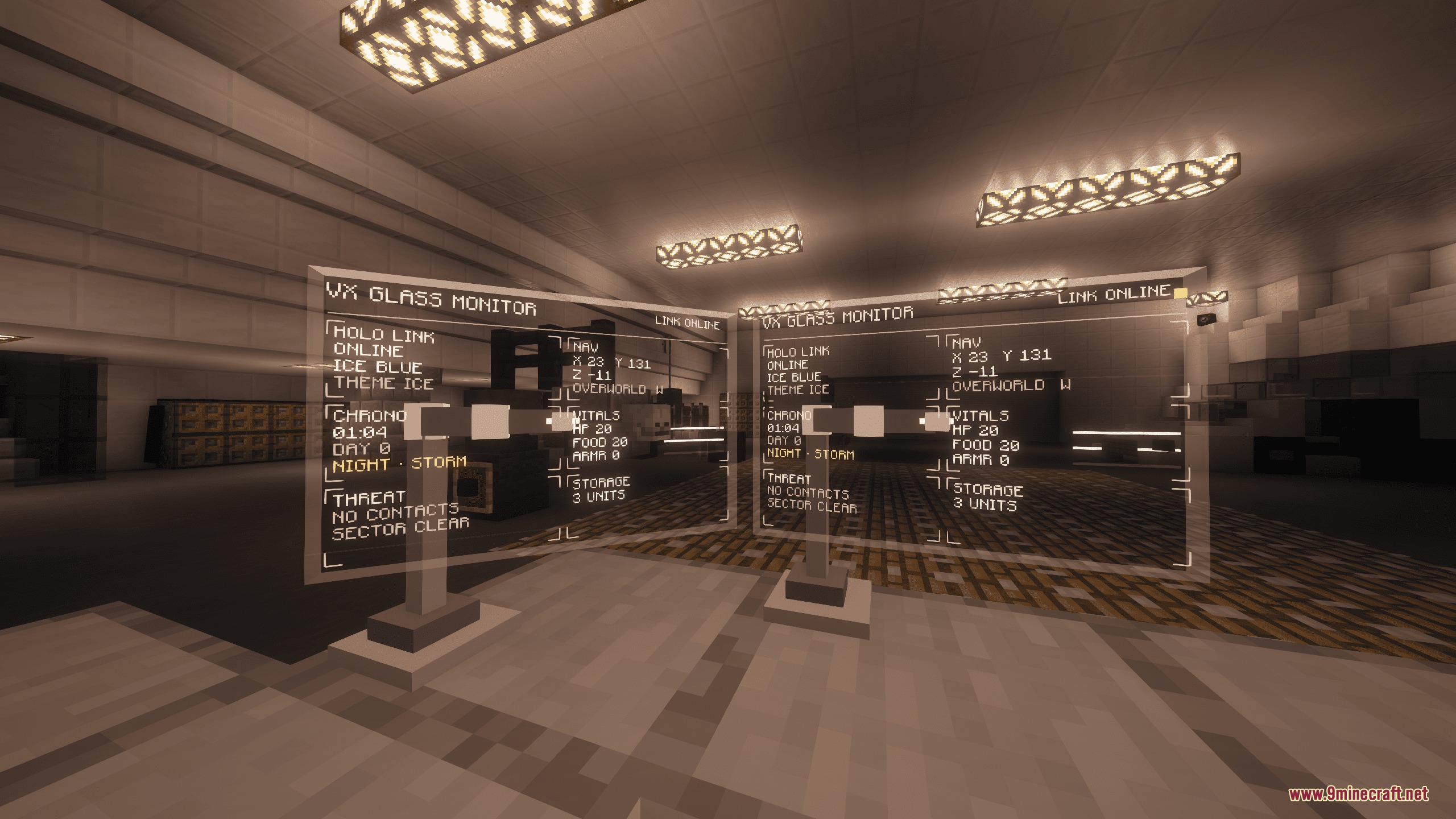 Luminous Drafting Grid Mod Screenshot 5 Two VX Glass Monitors displaying live data inside a modern base interior
