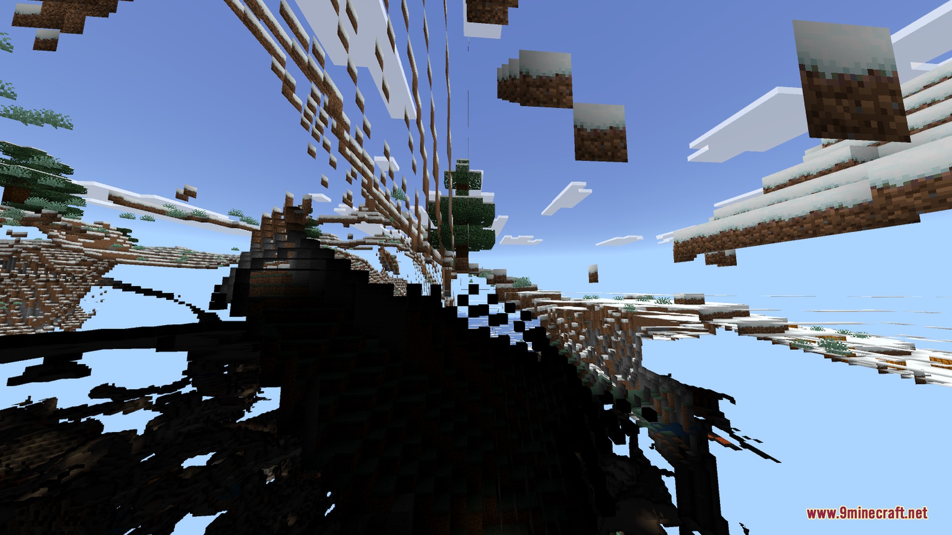 A glitched view of a snowy biome with floating blocks and shadows
