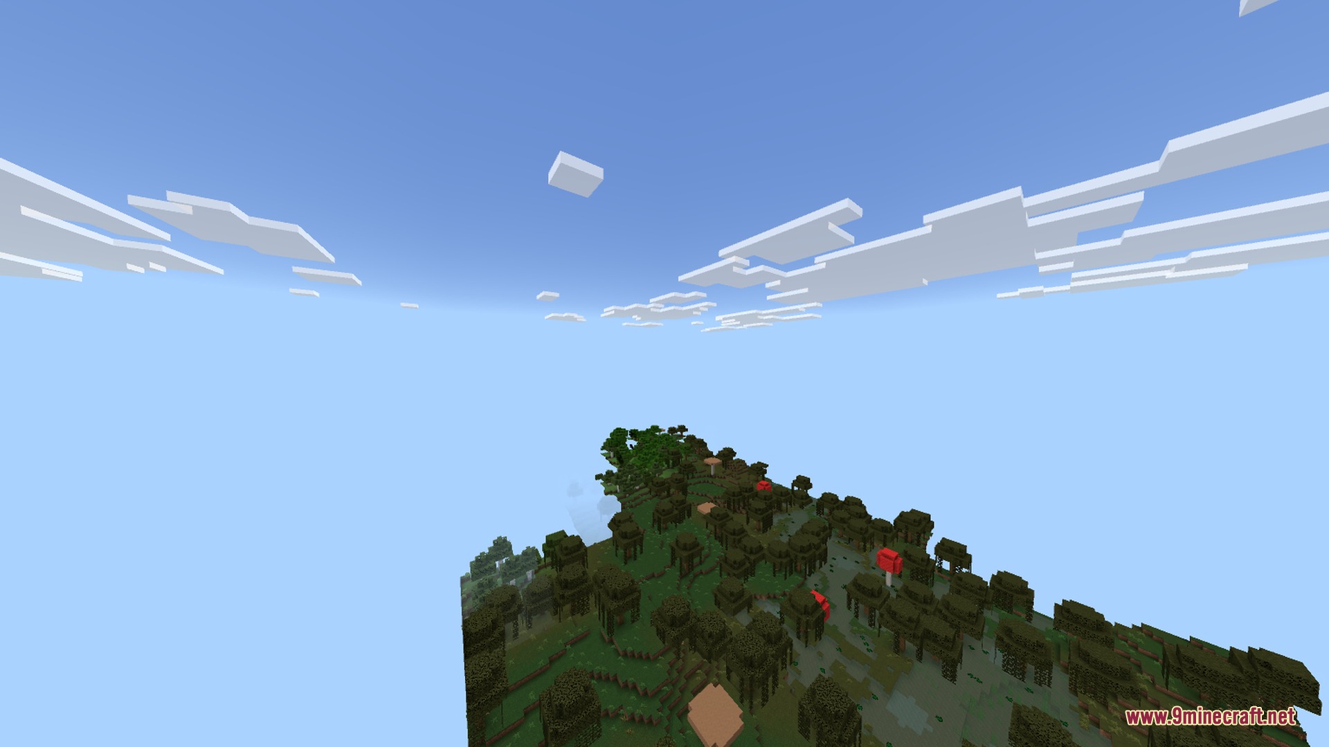 A wide aerial view of a floating forest with giant red mushrooms