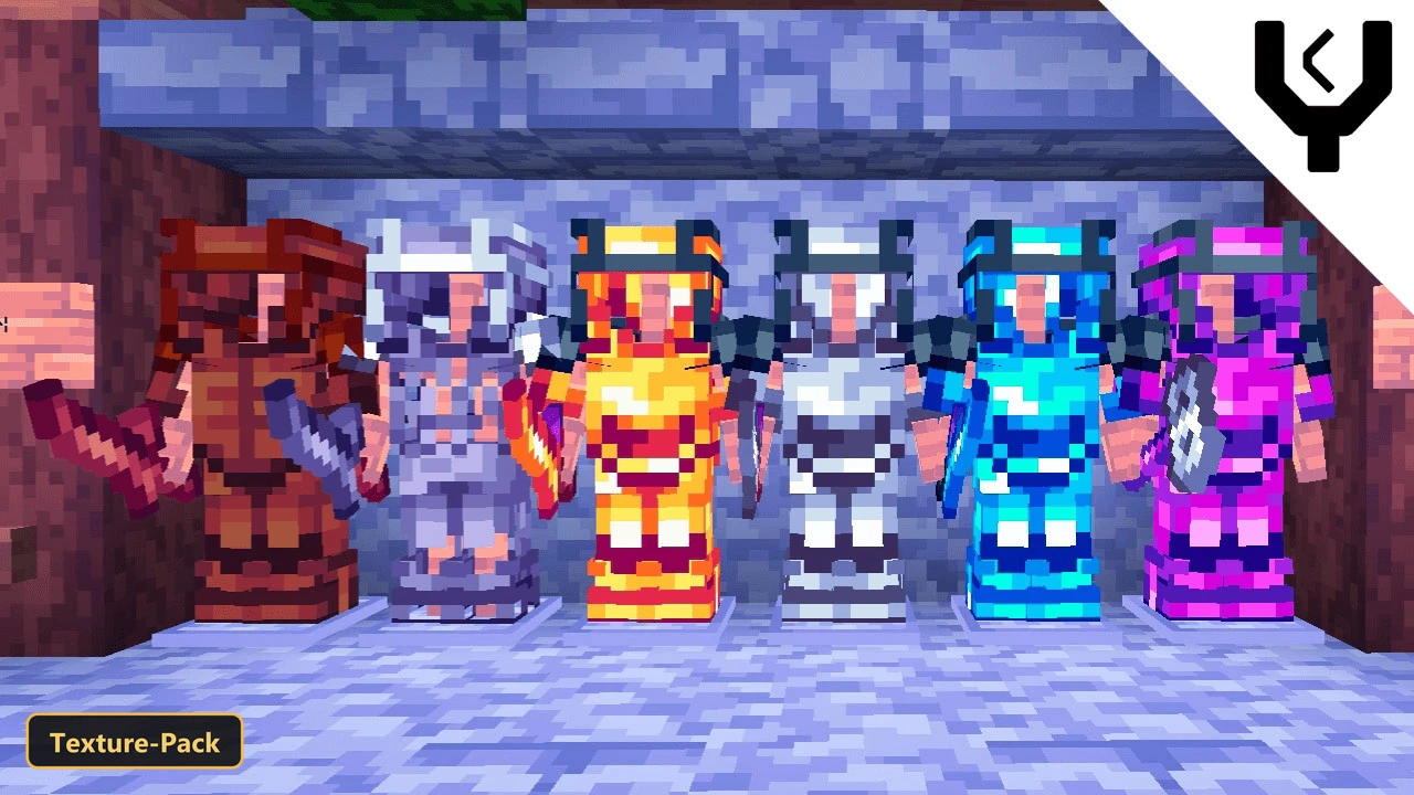 six players in different colored armors and holding weapons