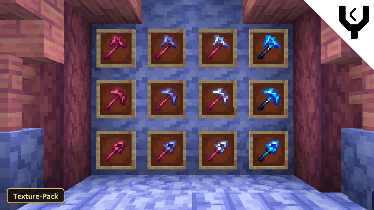 wall display of various pickaxes and shovels in item frames
