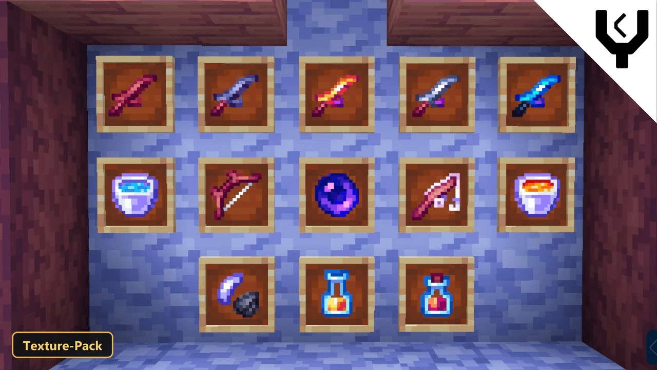 wall display of various weapons, tools, and potions in item frames