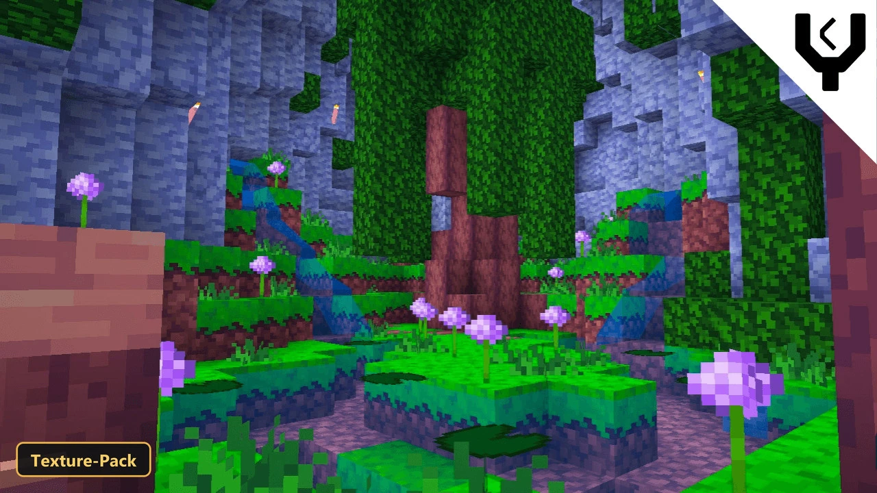 lush cave with glowing flowers, waterfalls, and large trees