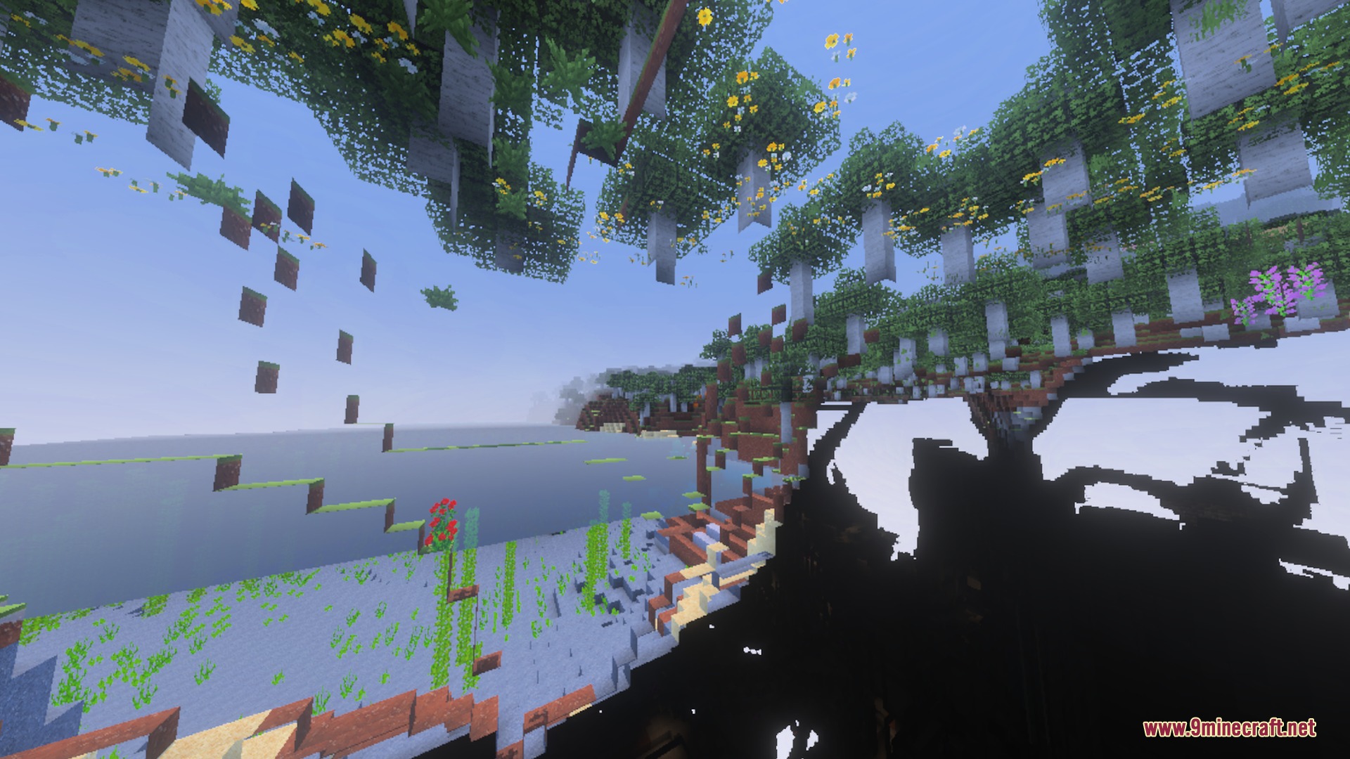 Floating trees and flowers above a cross section of the Minecraft world