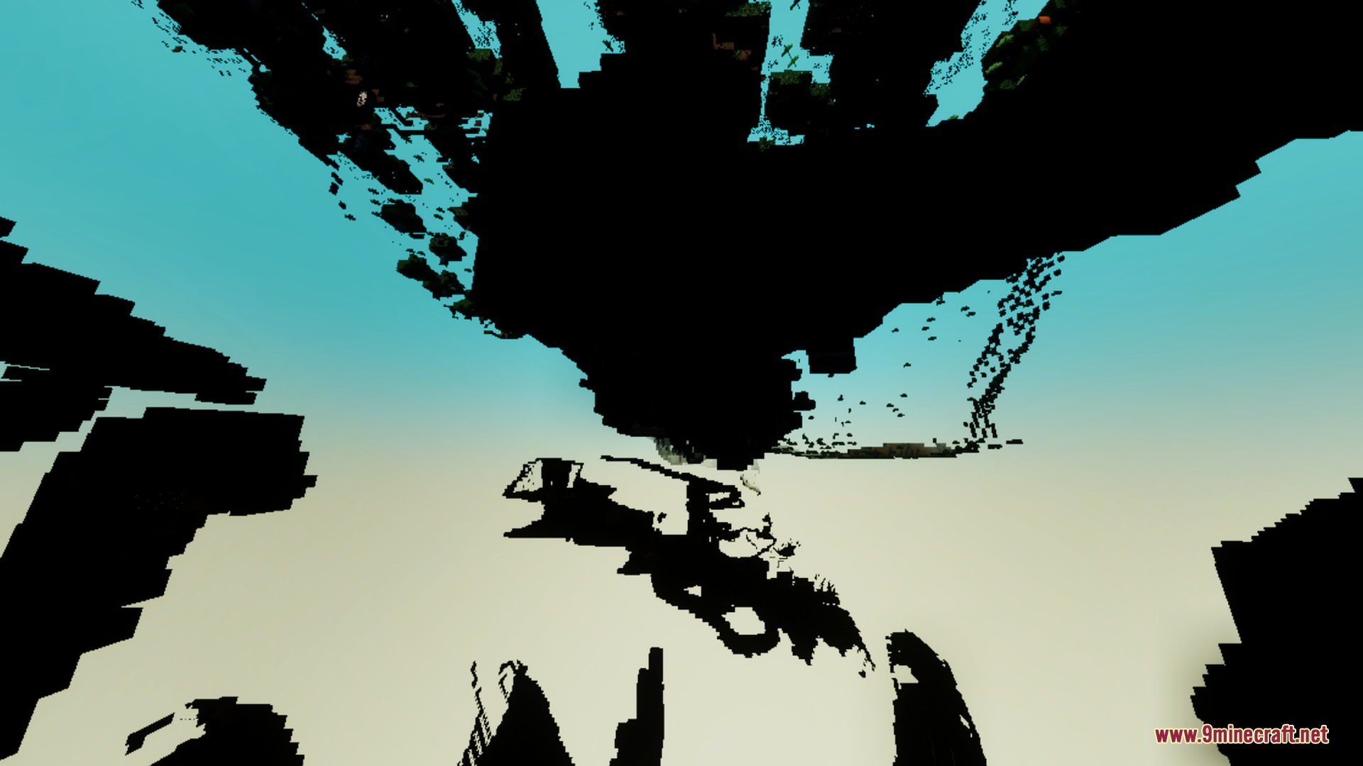Looking up at the dark underside of terrain blocks against a bright sky