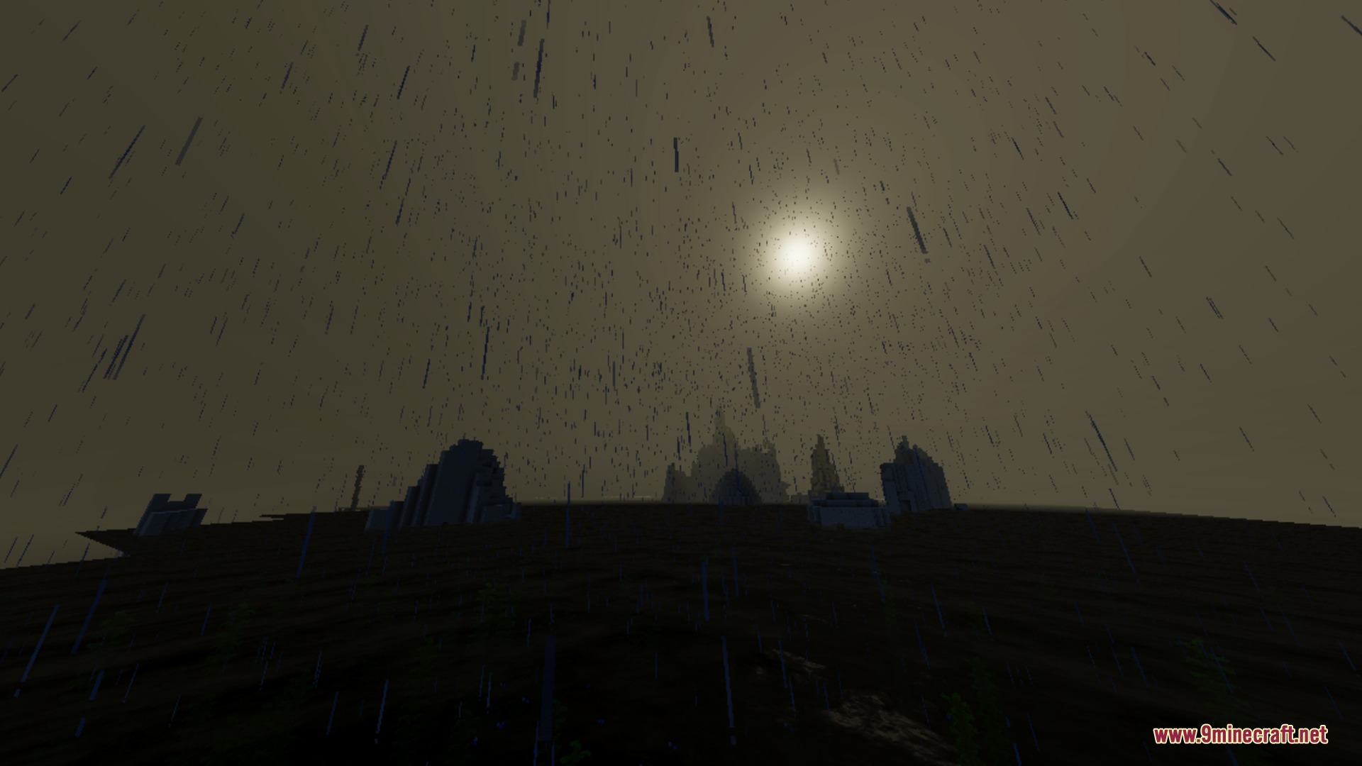 Rain falling across a dark Minecraft landscape with a bright glowing sun