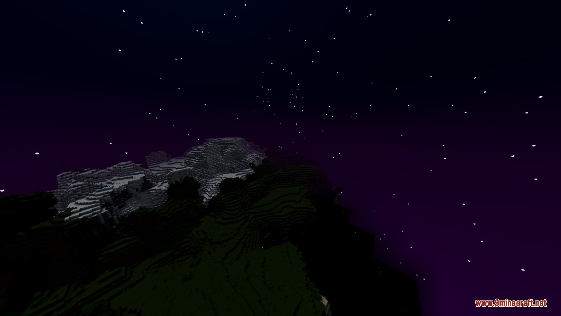 A starry night sky with purple hues over dark Minecraft mountains