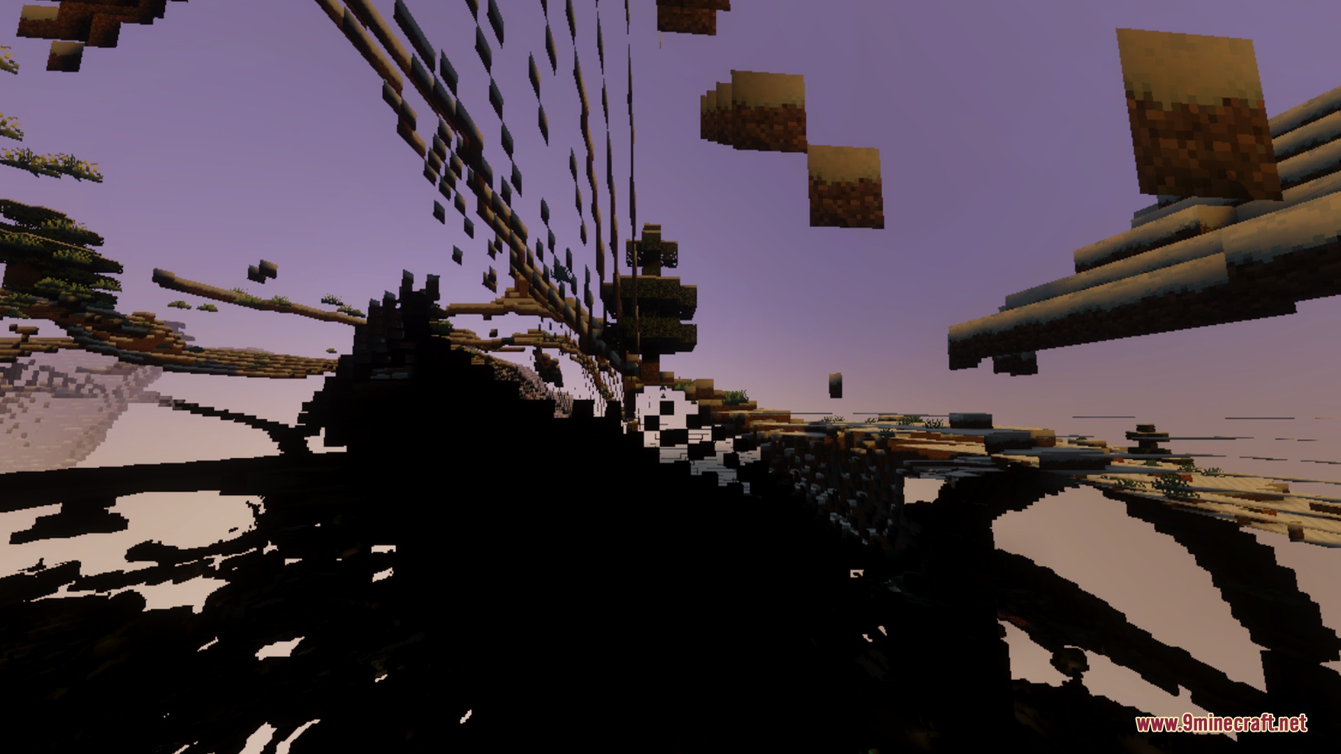 Surreal glitched terrain with floating blocks and dark silhouettes under a purple sky