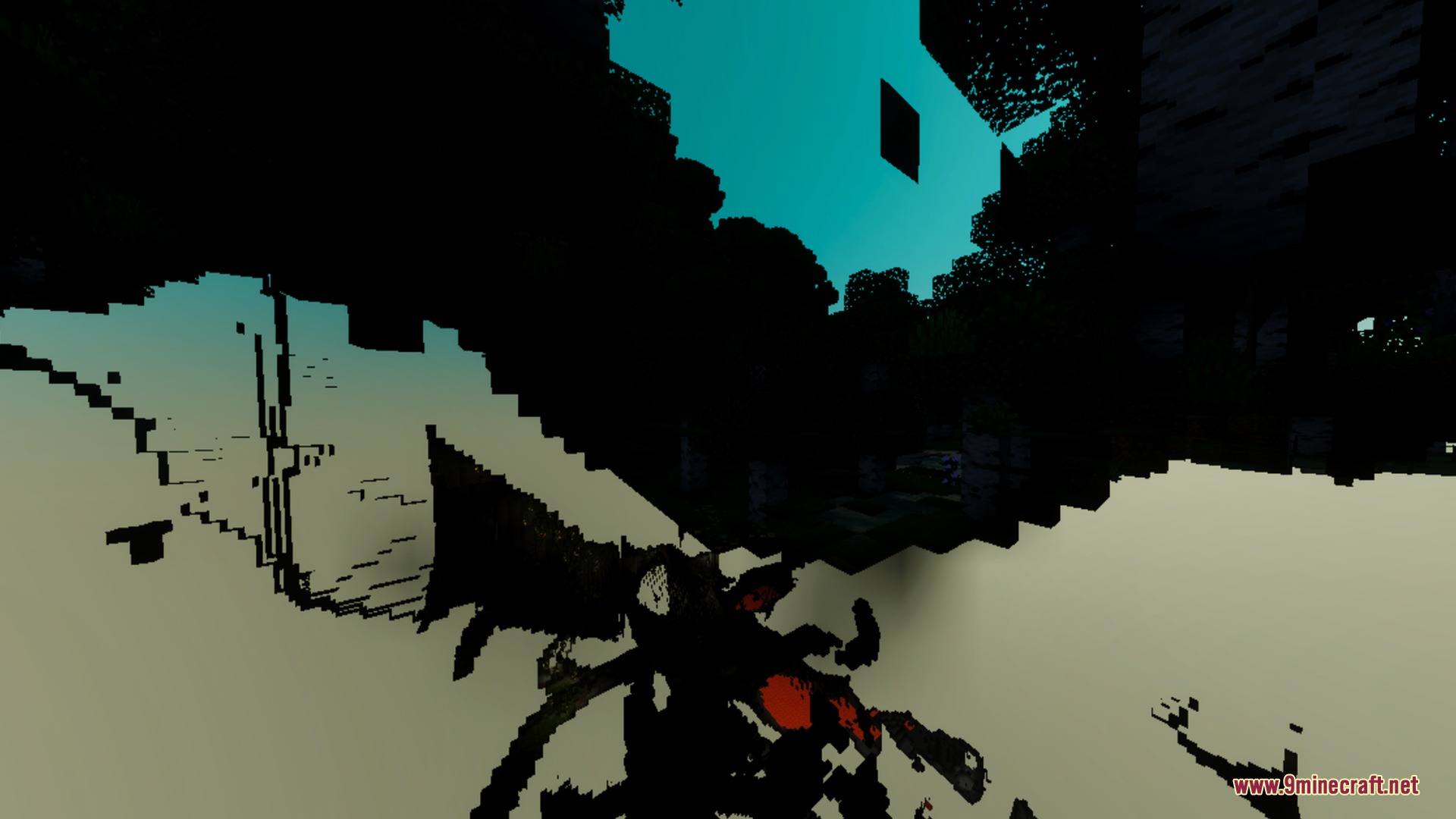 High contrast silhouettes of a Minecraft world under a bright cyan sky