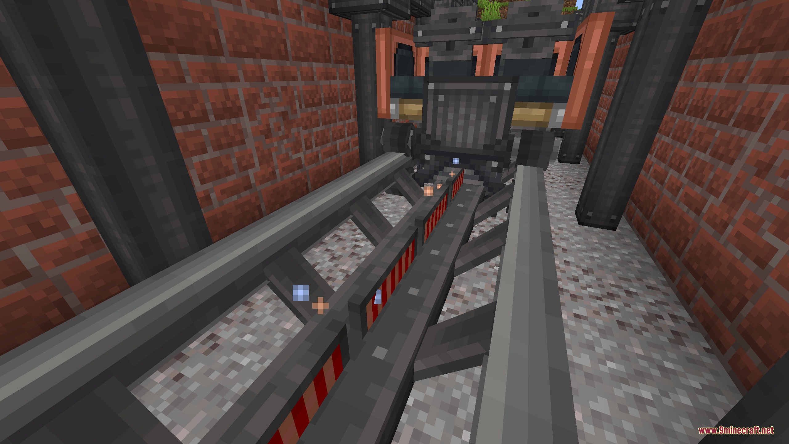 Magnetic Velocity Rail Mod Screenshot 2 Close up view of linear motor rails featuring red and white hazard stripes