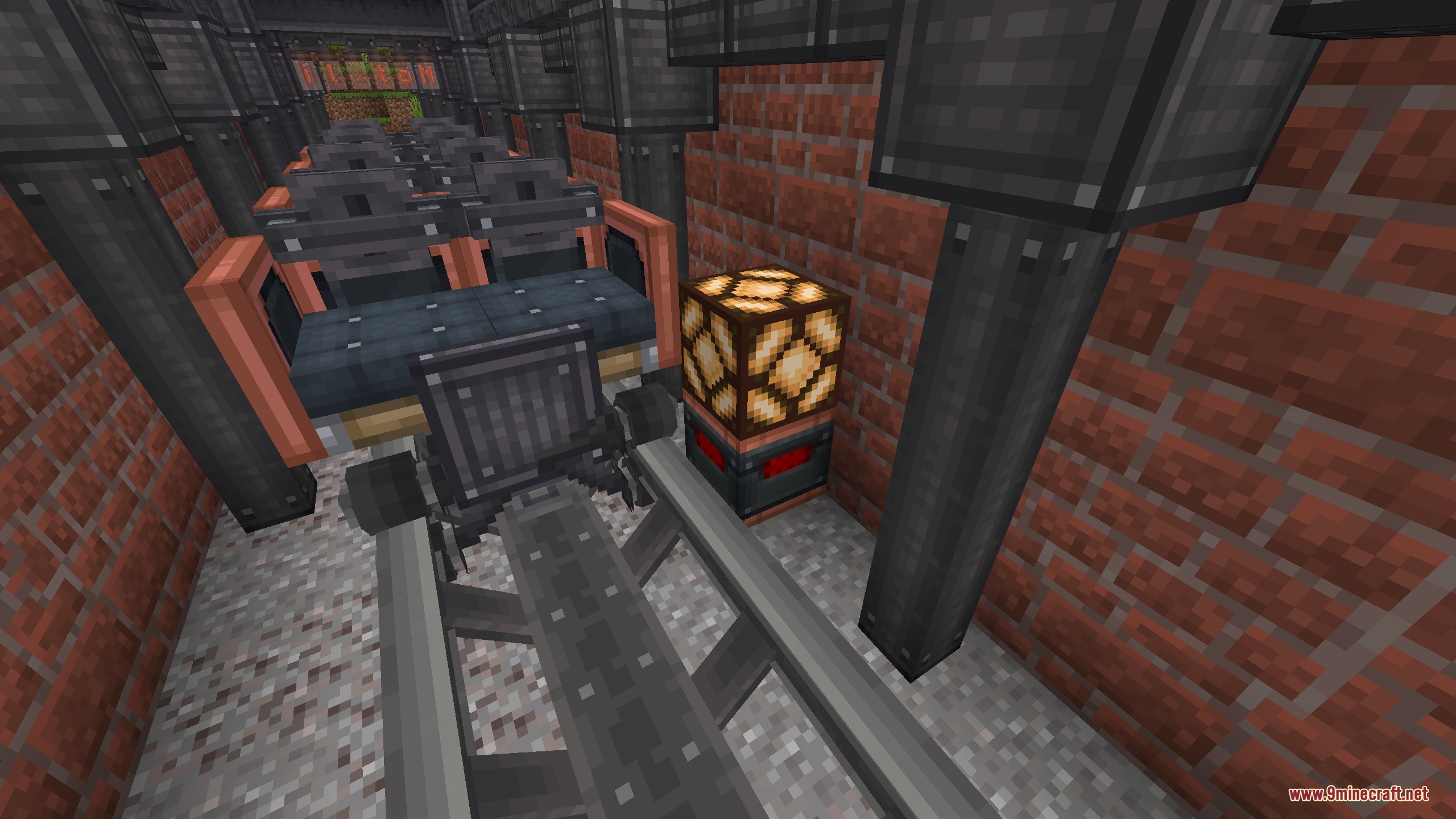 Magnetic Velocity Rail Mod Screenshot 3 A coaster cart sits on a track next to a redstone lamp controller