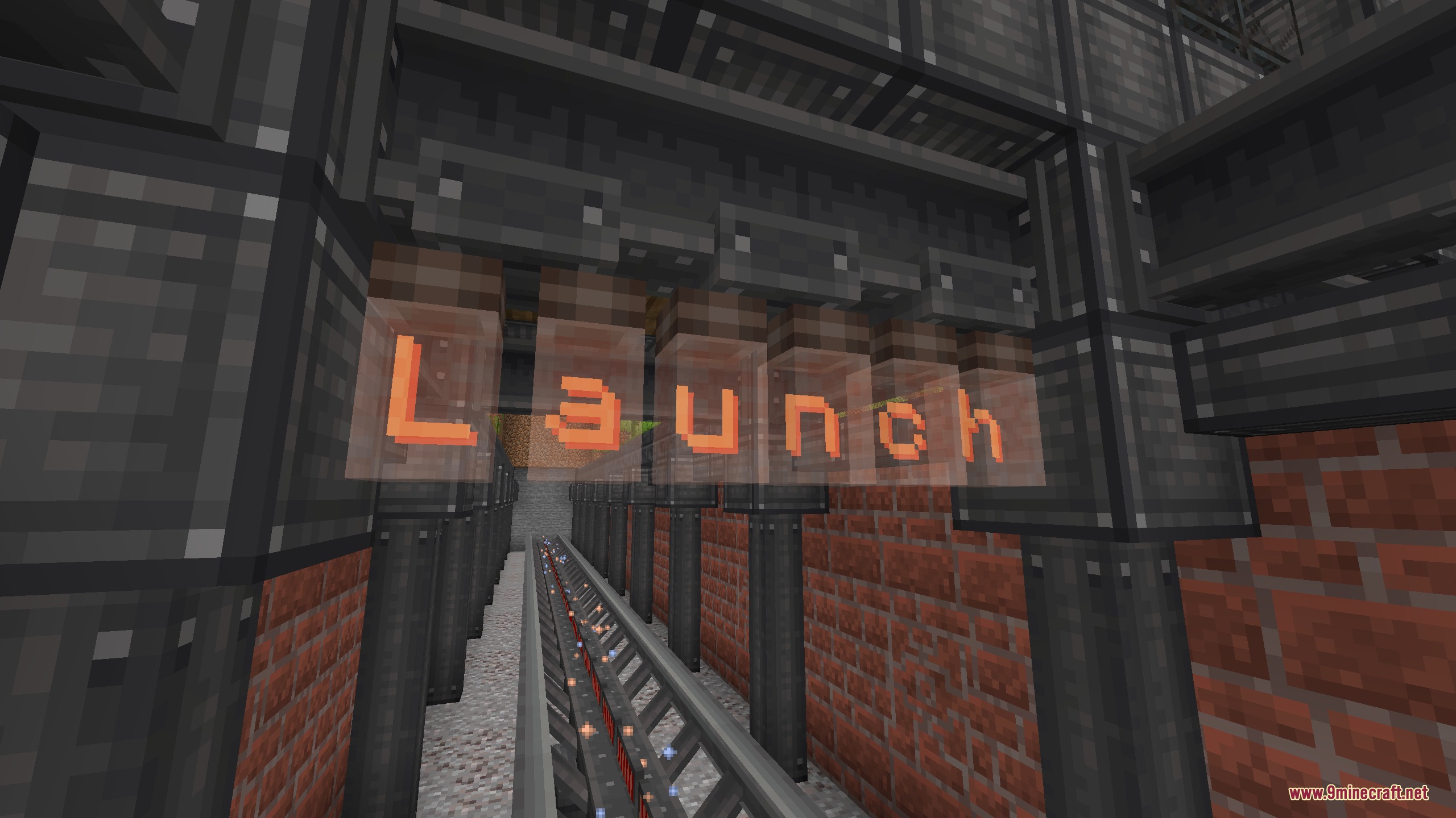 Magnetic Velocity Rail Mod Screenshot 4 Glowing display tubes show the word launch above a long coaster track
