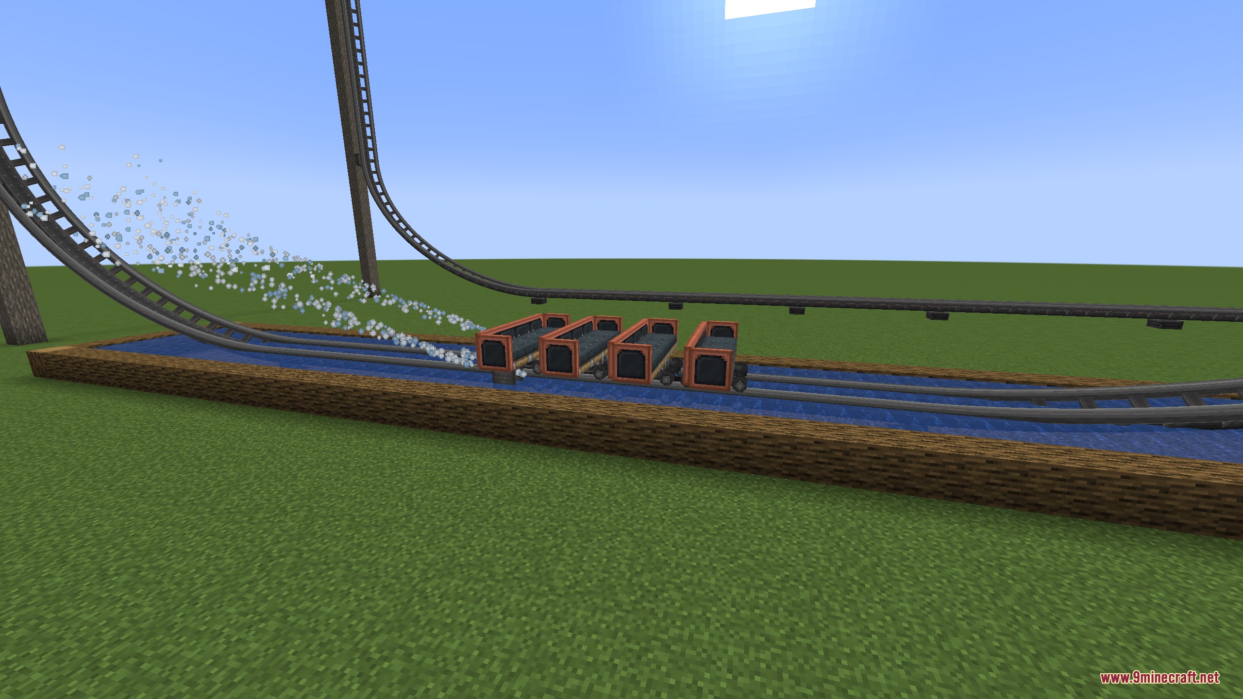 Magnetic Velocity Rail Mod Screenshot 8 Roller coaster train creating a water spray while moving through a splashdown section