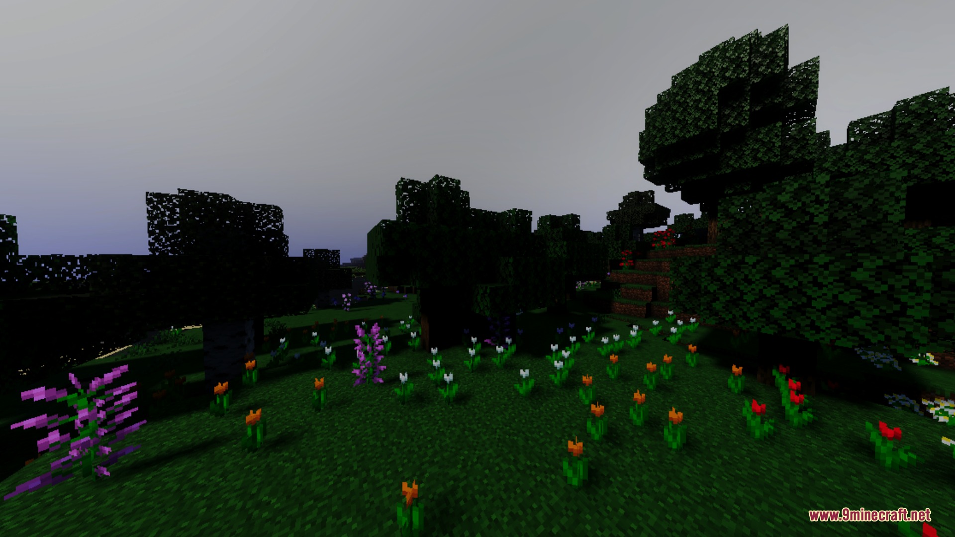 Mahou Vibrant Visual Shader Screenshot 4 Vibrant flowers grow in a dark forest biome under a thick grey fog