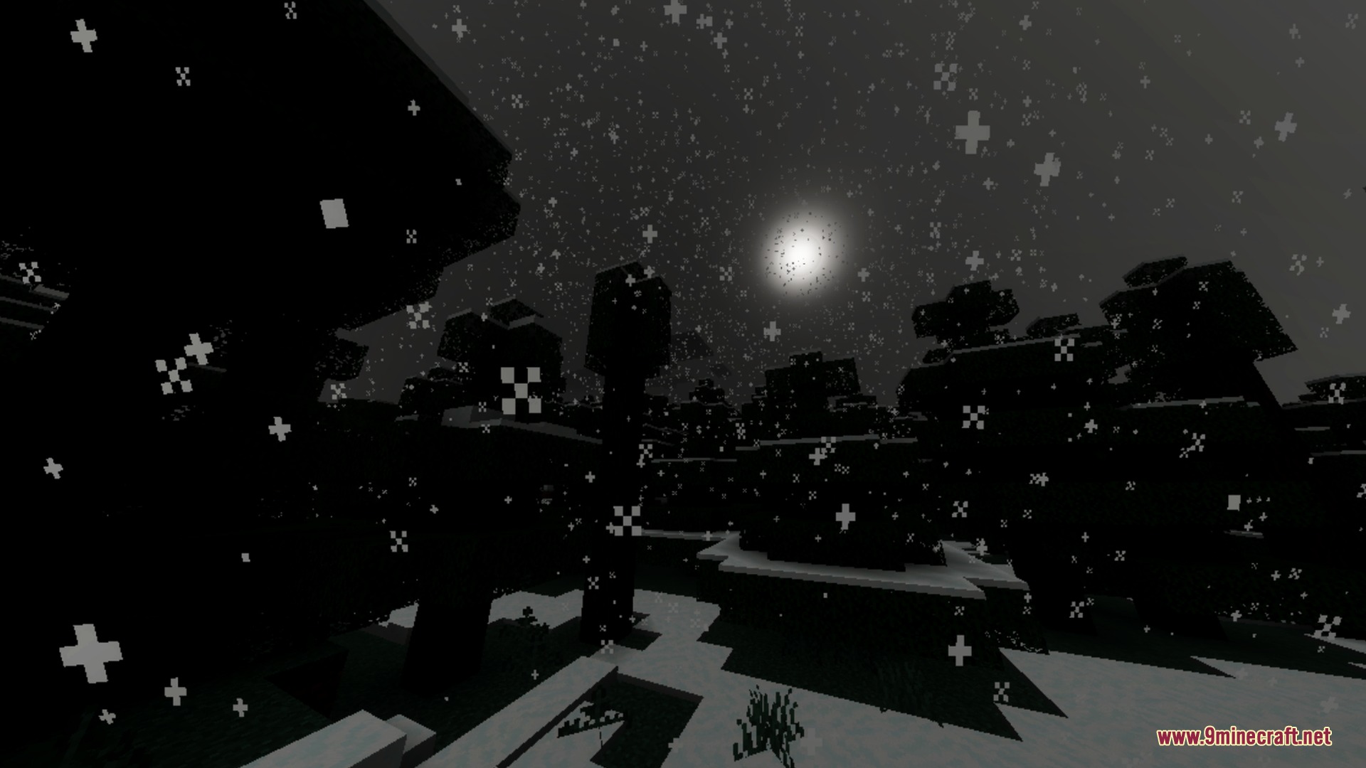 Mahou Vibrant Visual Shader Screenshot 5 Snowflakes falling over a dark Minecraft forest under a bright full moon