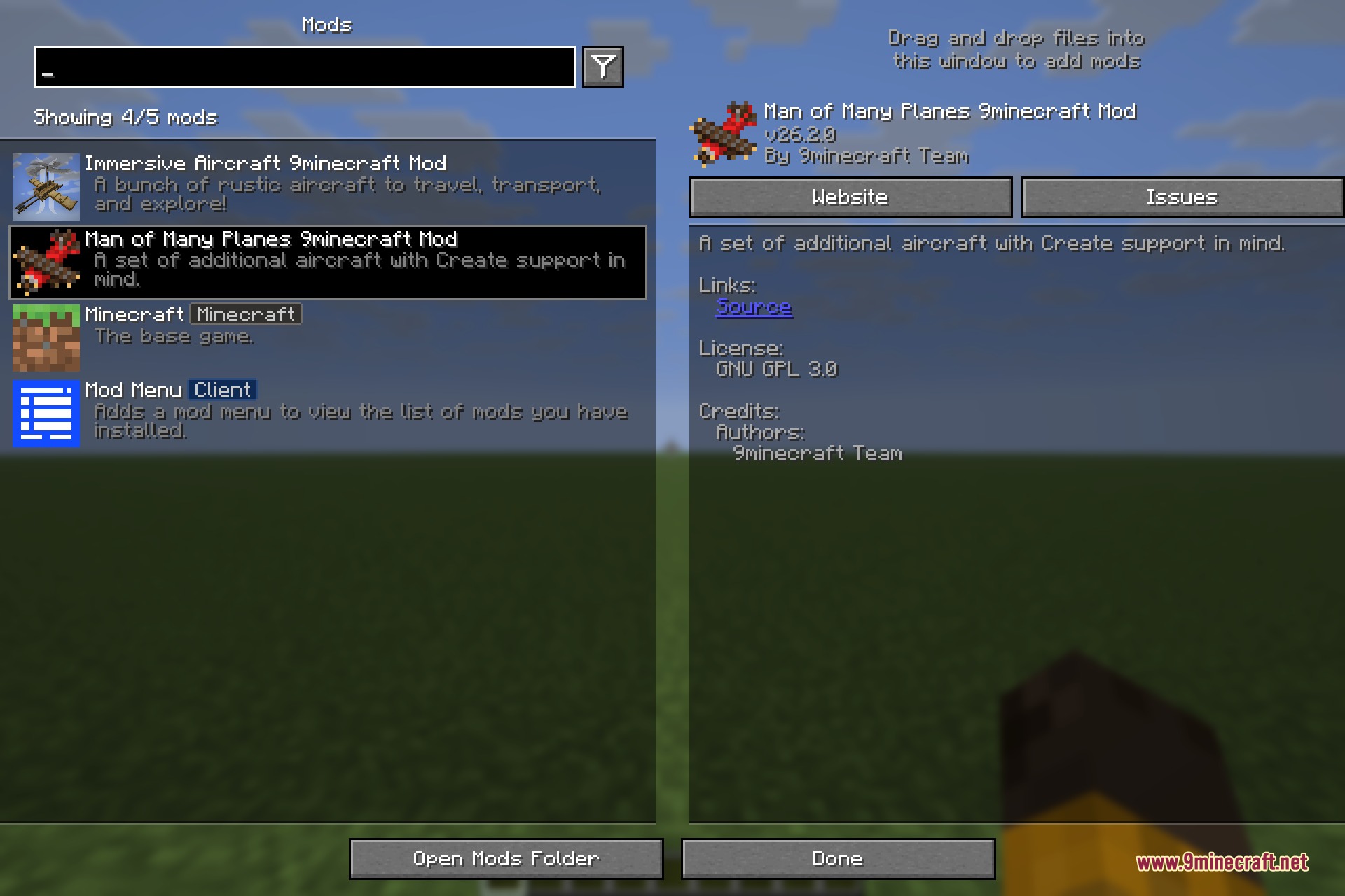 Man of Many Planes 9minecraft Mod Screenshot 1 The Minecraft mod list showing Man of Many Planes and Immersive Aircraft