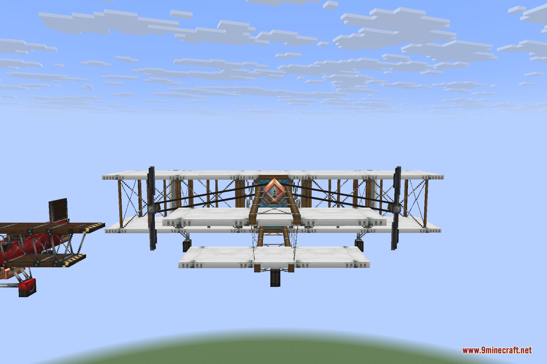Man of Many Planes 9minecraft Mod Screenshot 8 A large white Economy Plane with multiple wings soaring in the sky