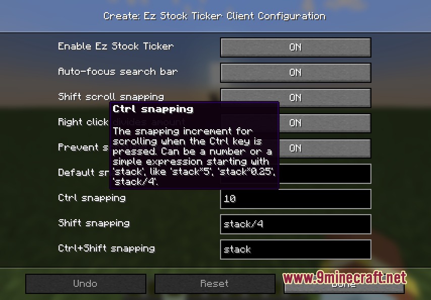 Minecraft settings menu for Ez Stock Ticker mod with a visible tooltip