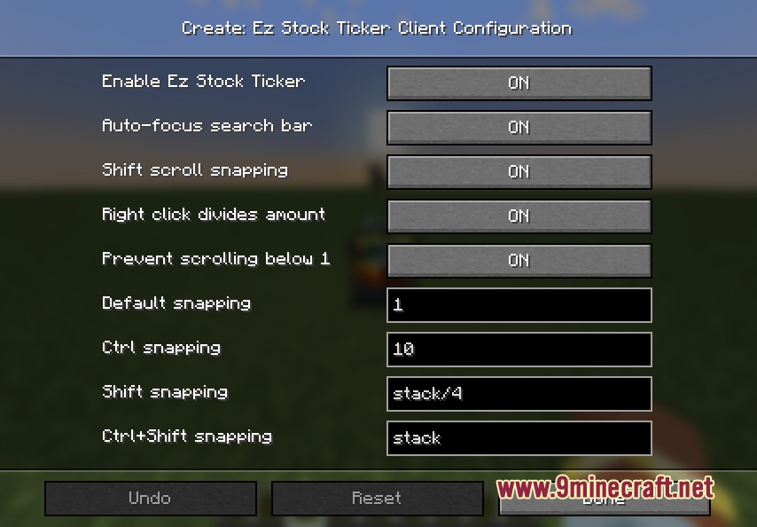 Full client configuration screen for the Ez Stock Ticker mod in Minecraft