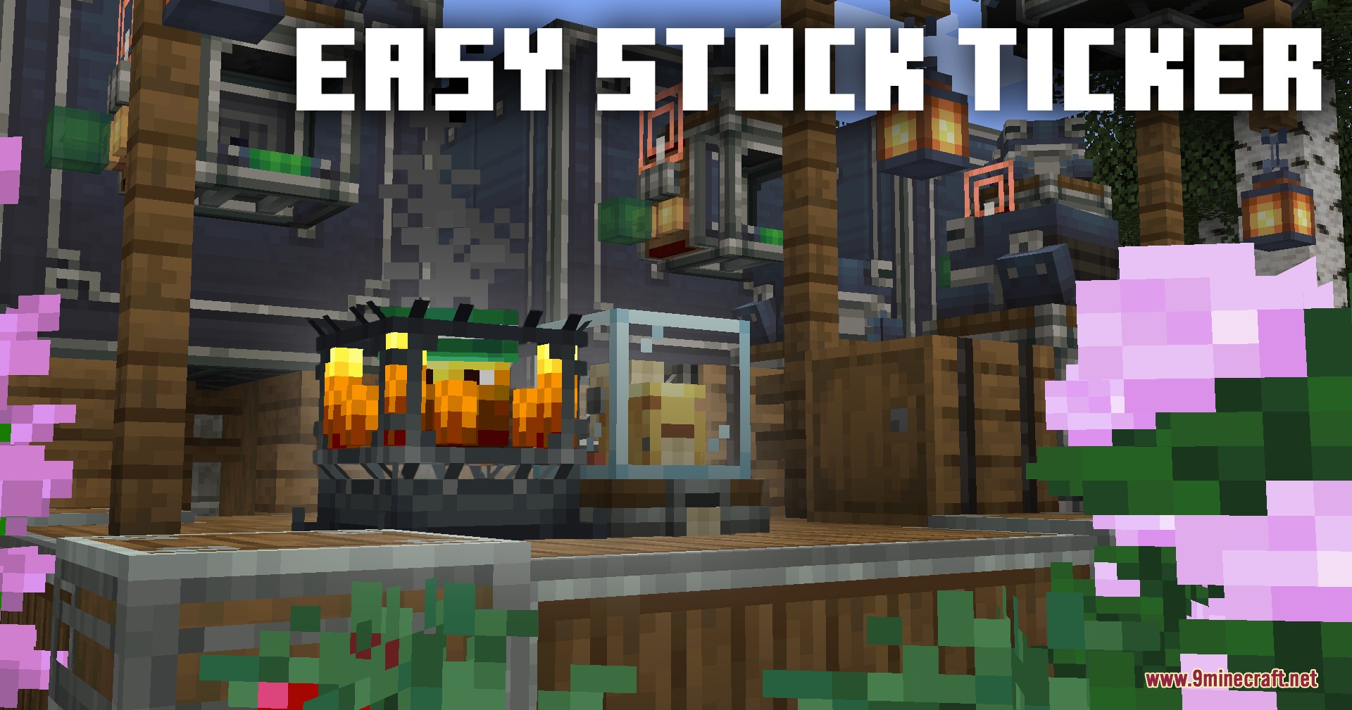 A stock ticker machine from the Create mod displayed in a workshop