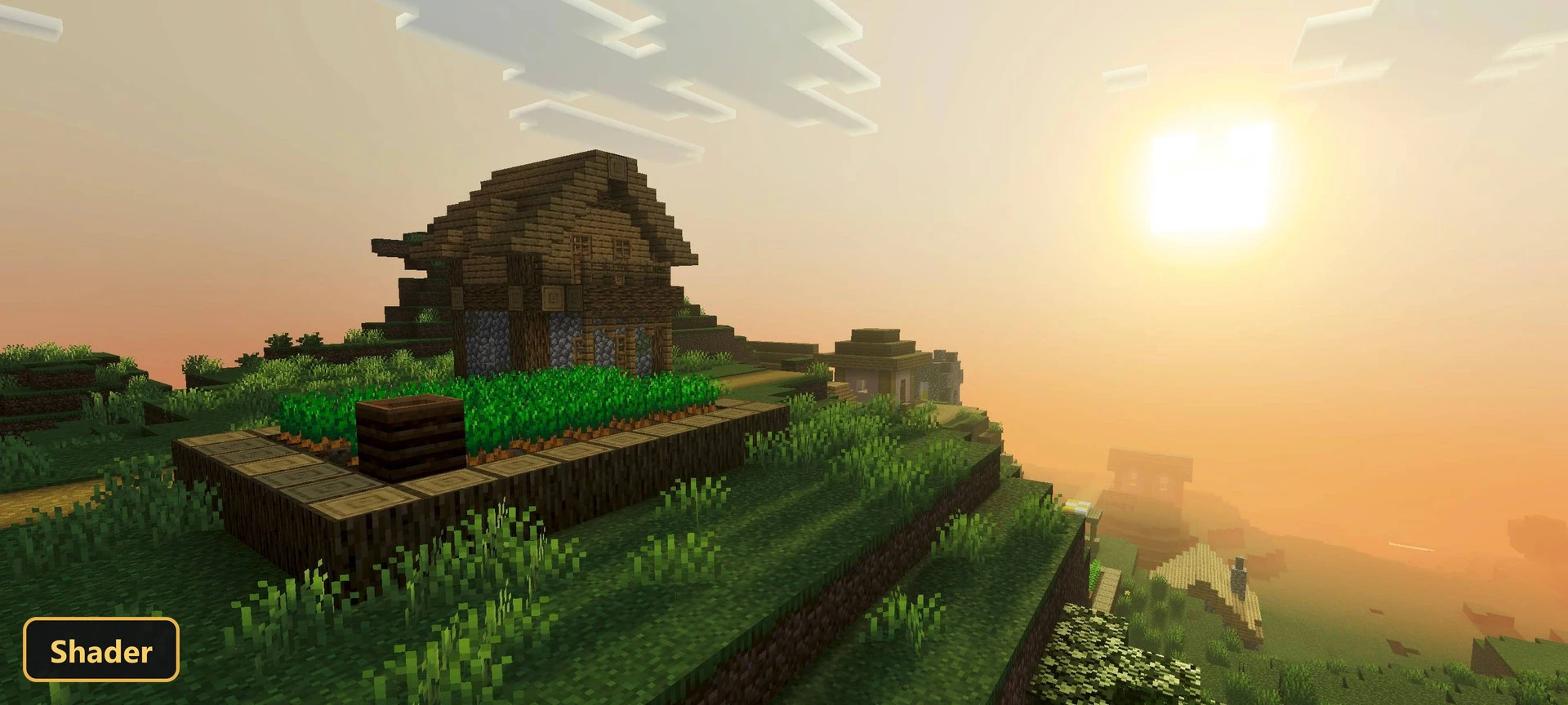 village house and farm on a hill at sunrise