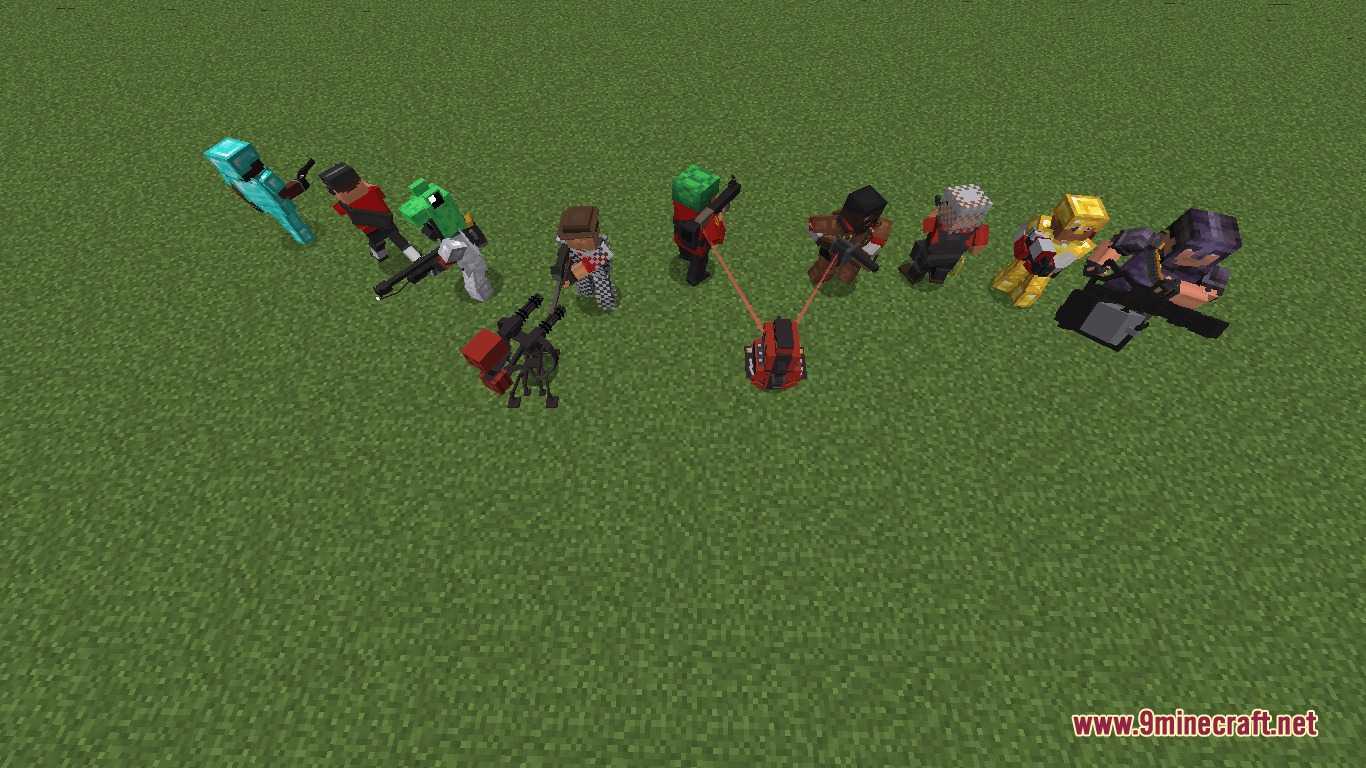 Mercenary Mercraft Mod Screenshot 1 Minecraft characters posing as mercenaries with sentry guns on grass