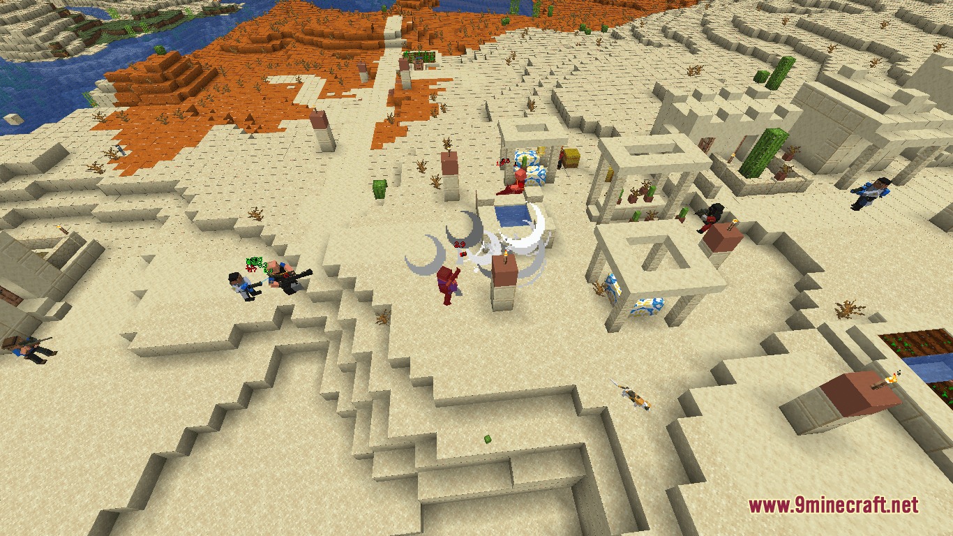 Mercenary Mercraft Mod Screenshot 2 Mercenaries clashing in a desert village with weapons and special effects