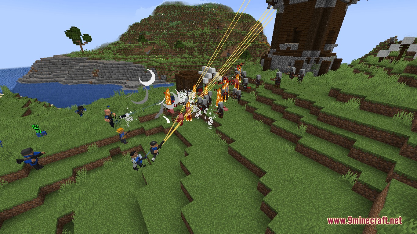Mercenary Mercraft Mod Screenshot 3 Blue team mercenaries firing lasers at hostile pillagers near a tower