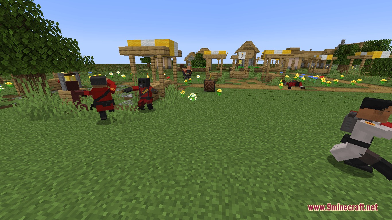 Mercenary Mercraft Mod Screenshot 4 Red team mercenaries and a medic standing in a peaceful village