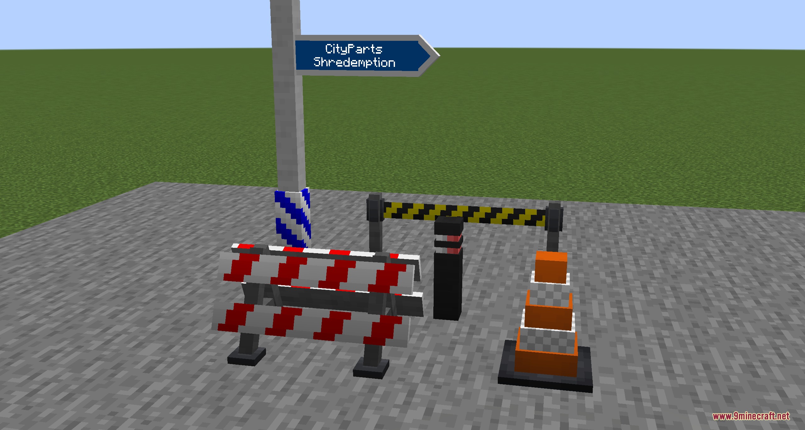 Metropolis Material Grid Mod Screenshot 1 Various urban street props including a road sign, traffic cone, and safety barriers