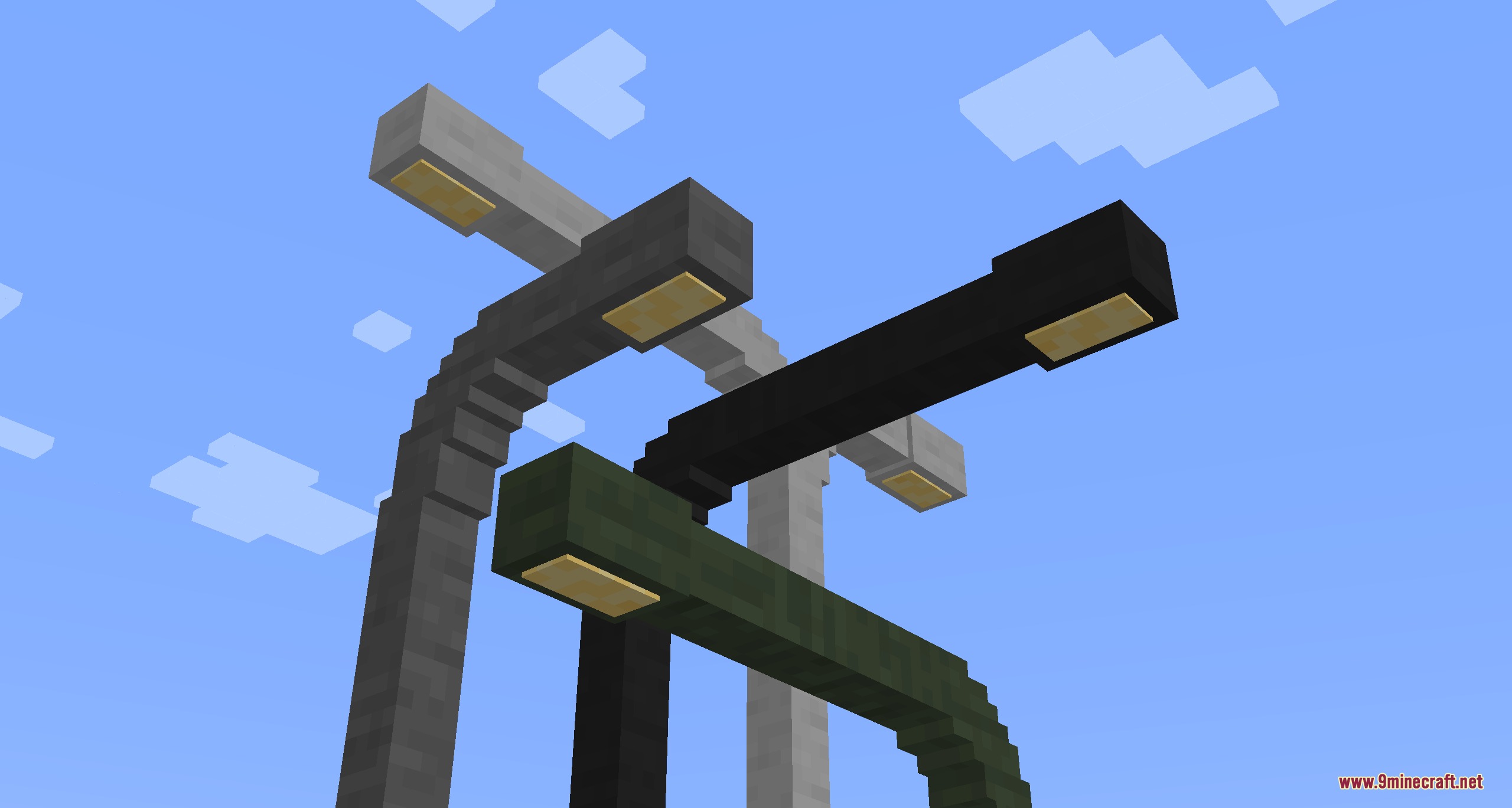 Metropolis Material Grid Mod Screenshot 5 Colorful curved streetlights standing tall against a bright blue Minecraft sky