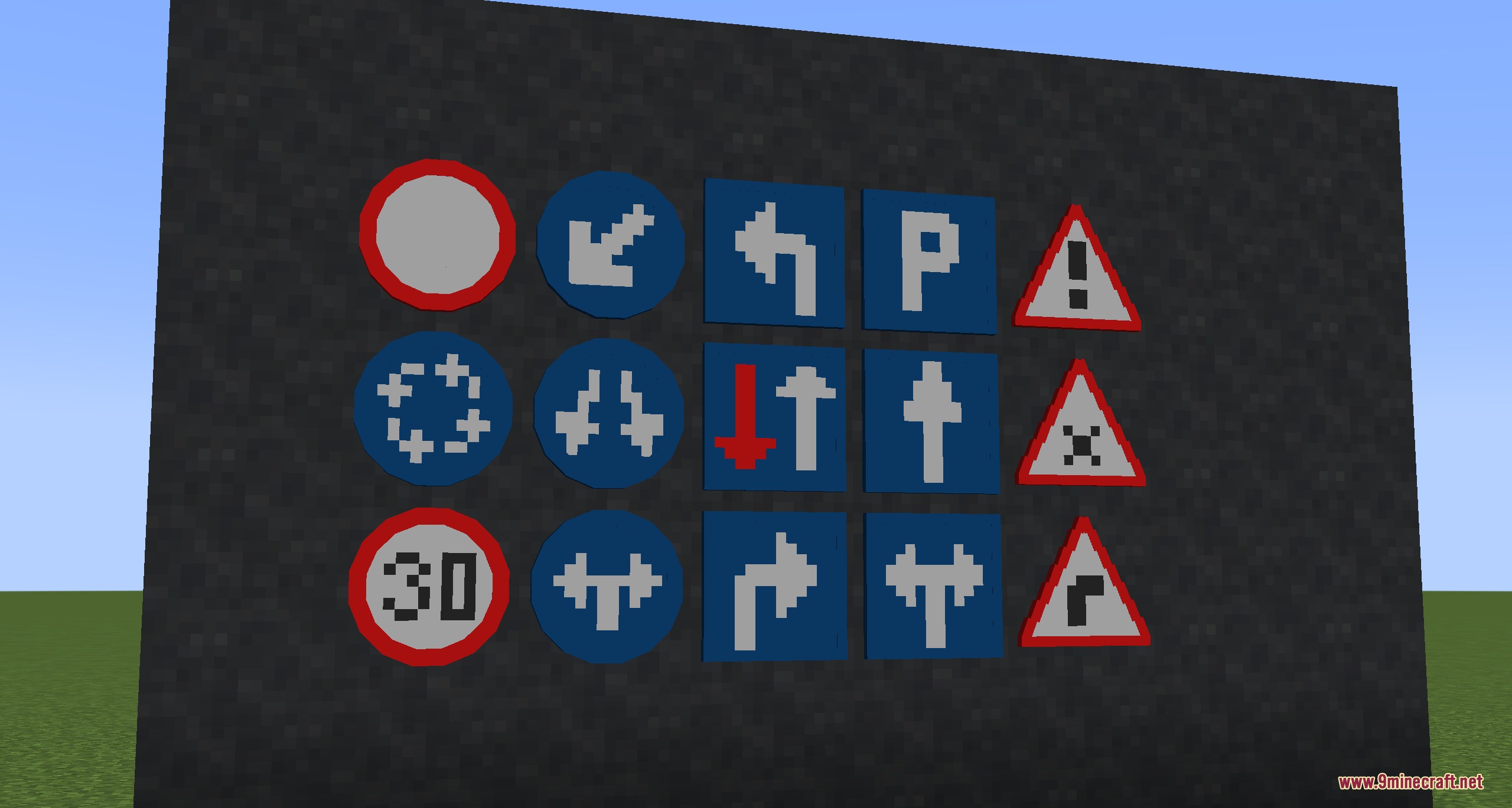 Metropolis Material Grid Mod Screenshot 6 Various road signs and traffic symbols displayed on a dark textured wall