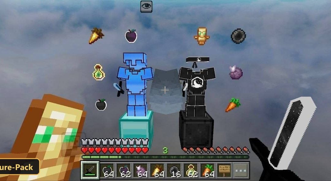 two armor sets on pedestals against a cloudy sky