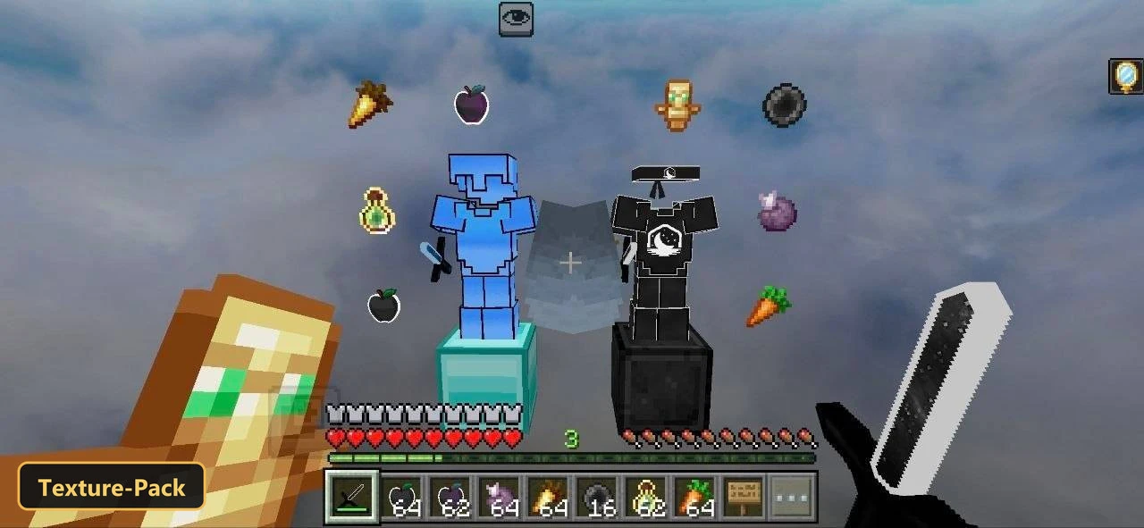 two armor sets on pedestals against a cloudy sky