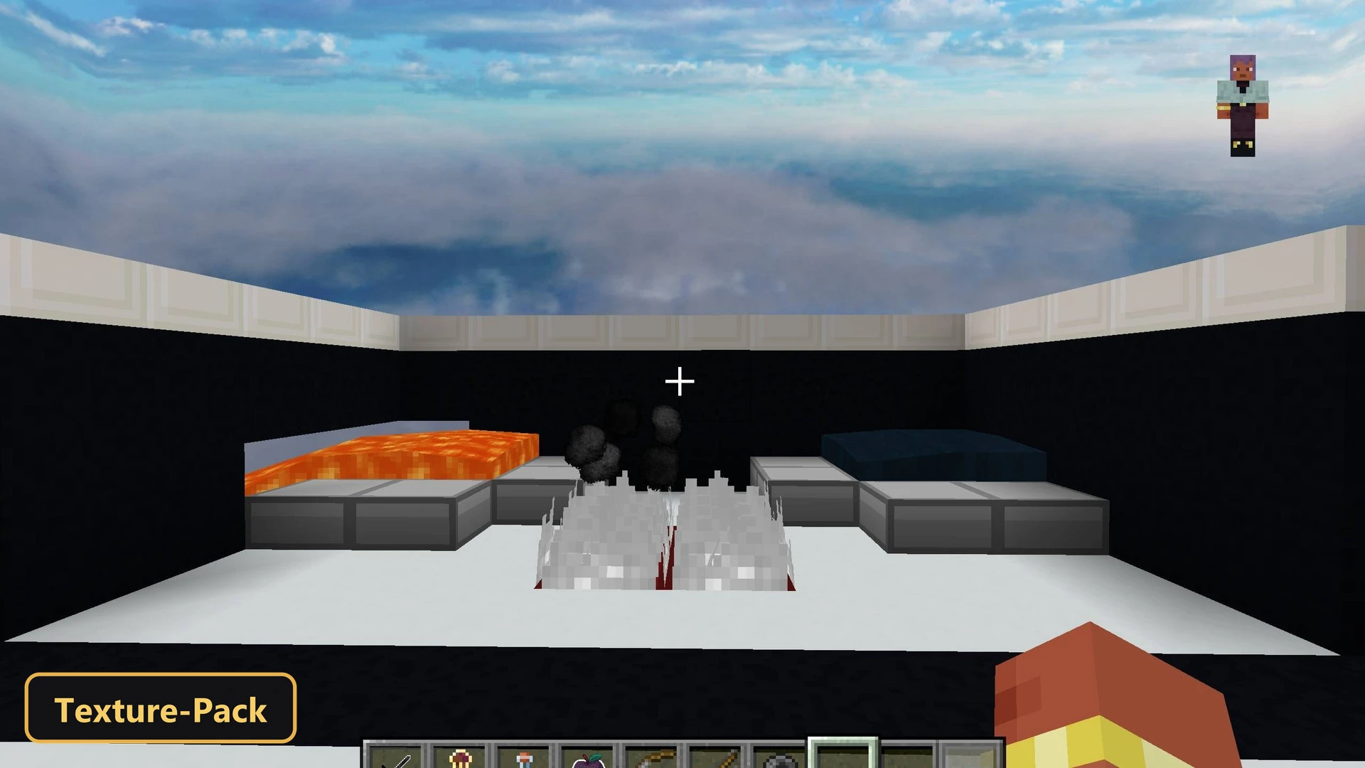 modern room with lava and water beds, cloudy sky background