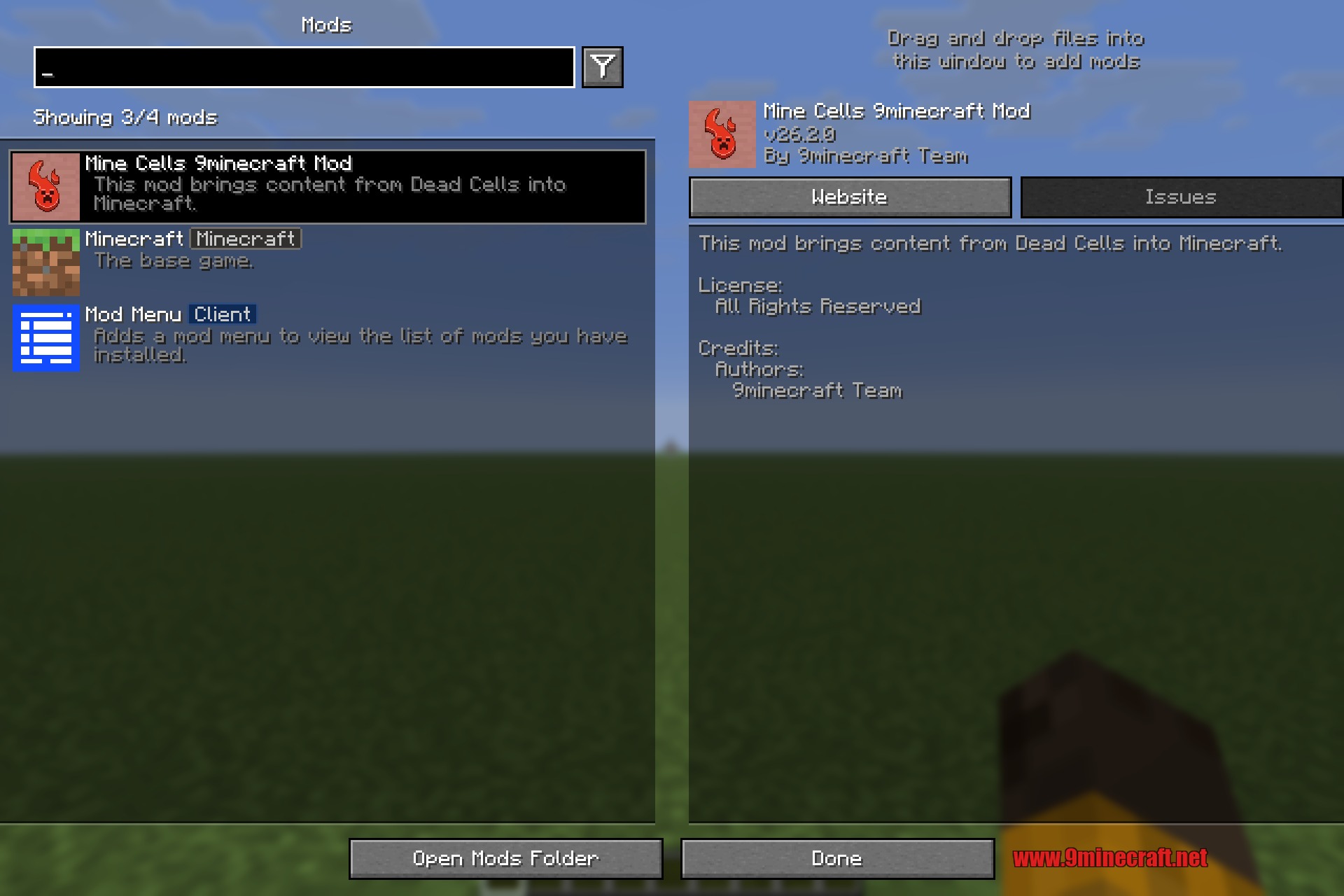 The Mine Cells entry in the Minecraft mods list