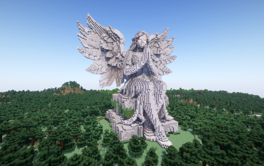 Minecraft Angel Statue V28 Free Schem Schematic Screenshots 1 A massive stone angel statue with large wings sitting in a dense forest