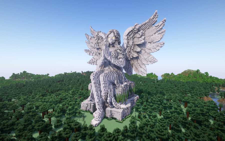 Minecraft Angel Statue V28 Free Schem Schematic Screenshots 2 Front view of a giant stone angel statue built in a Minecraft world