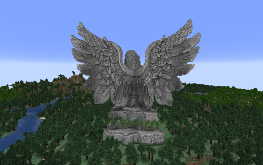 Minecraft Angel Statue V28 Free Schem Schematic Screenshots 3 A giant stone angel statue with massive wings overlooking a forest