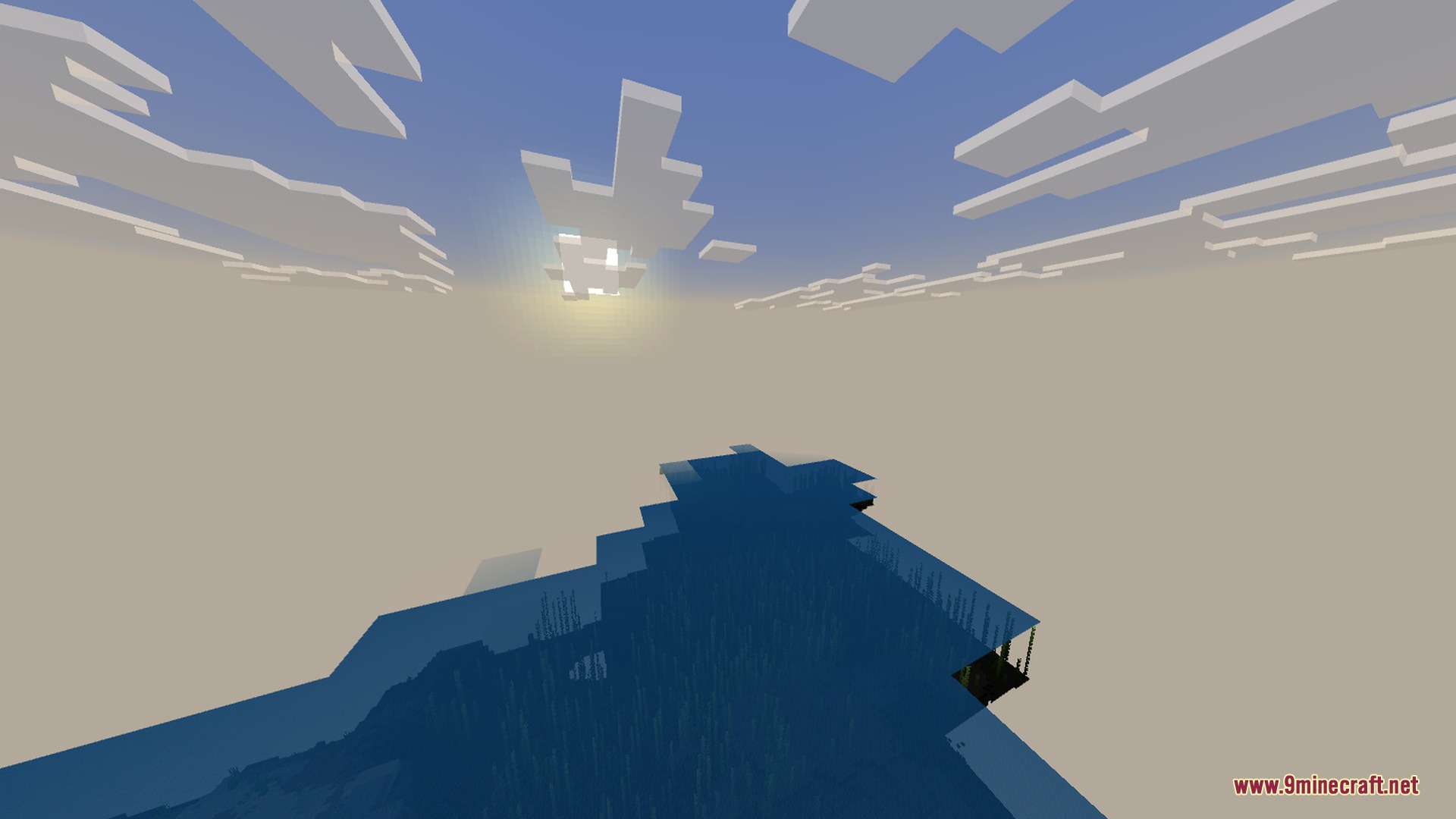 Minecraft Japanese Tools Shader Screenshot 3 Bright sun shining through blocky clouds over a vast blue Minecraft ocean