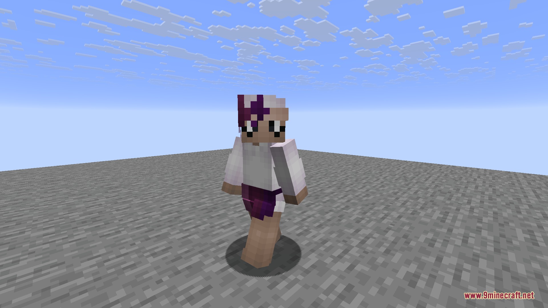 Mirror Shadow Echo Mod Screenshot 1 A custom Minecraft character skin standing on a gray stone platform