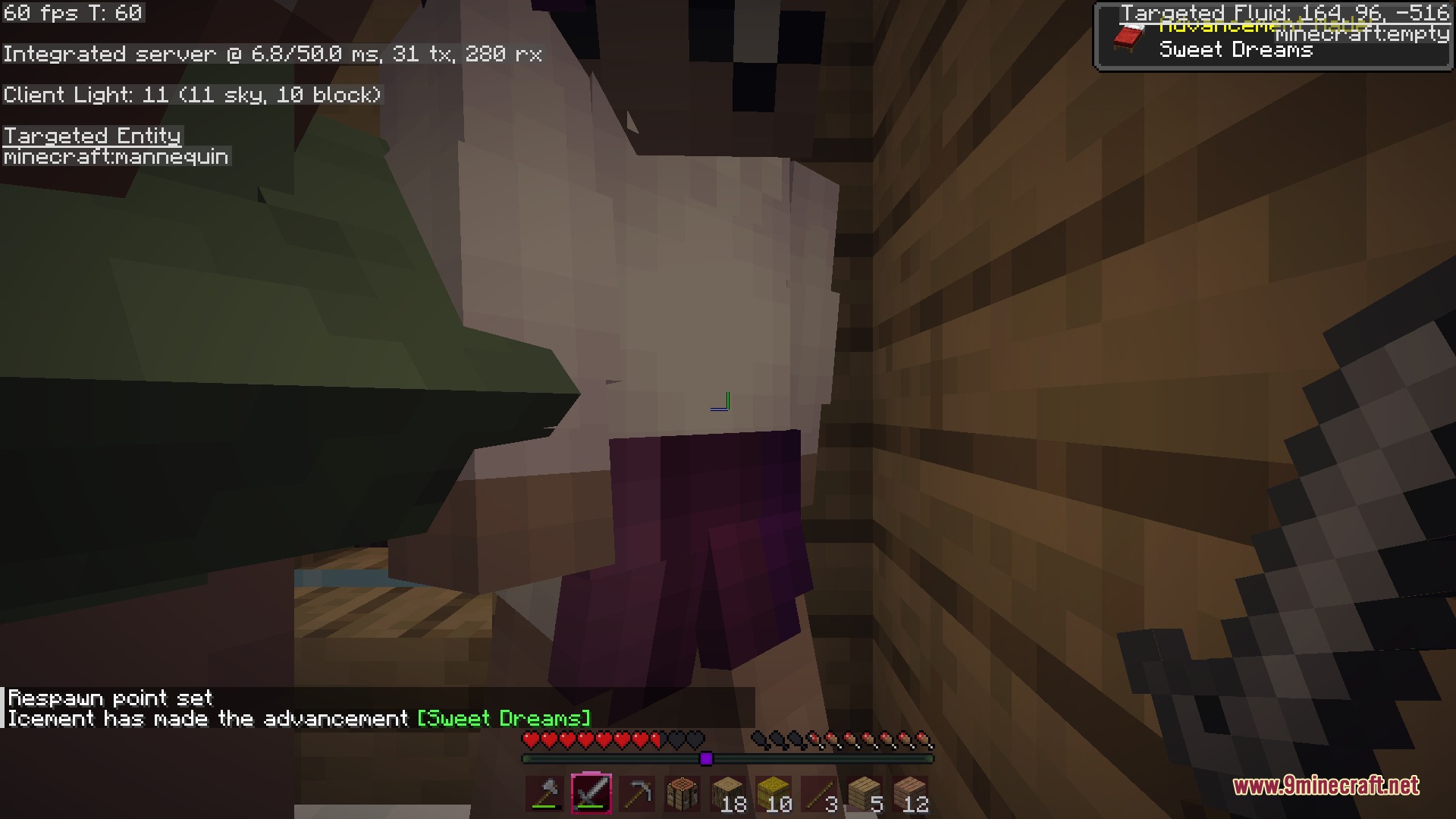 Mirror Shadow Echo Mod Screenshot 6 A player looks at a mannequin entity inside a small wooden house