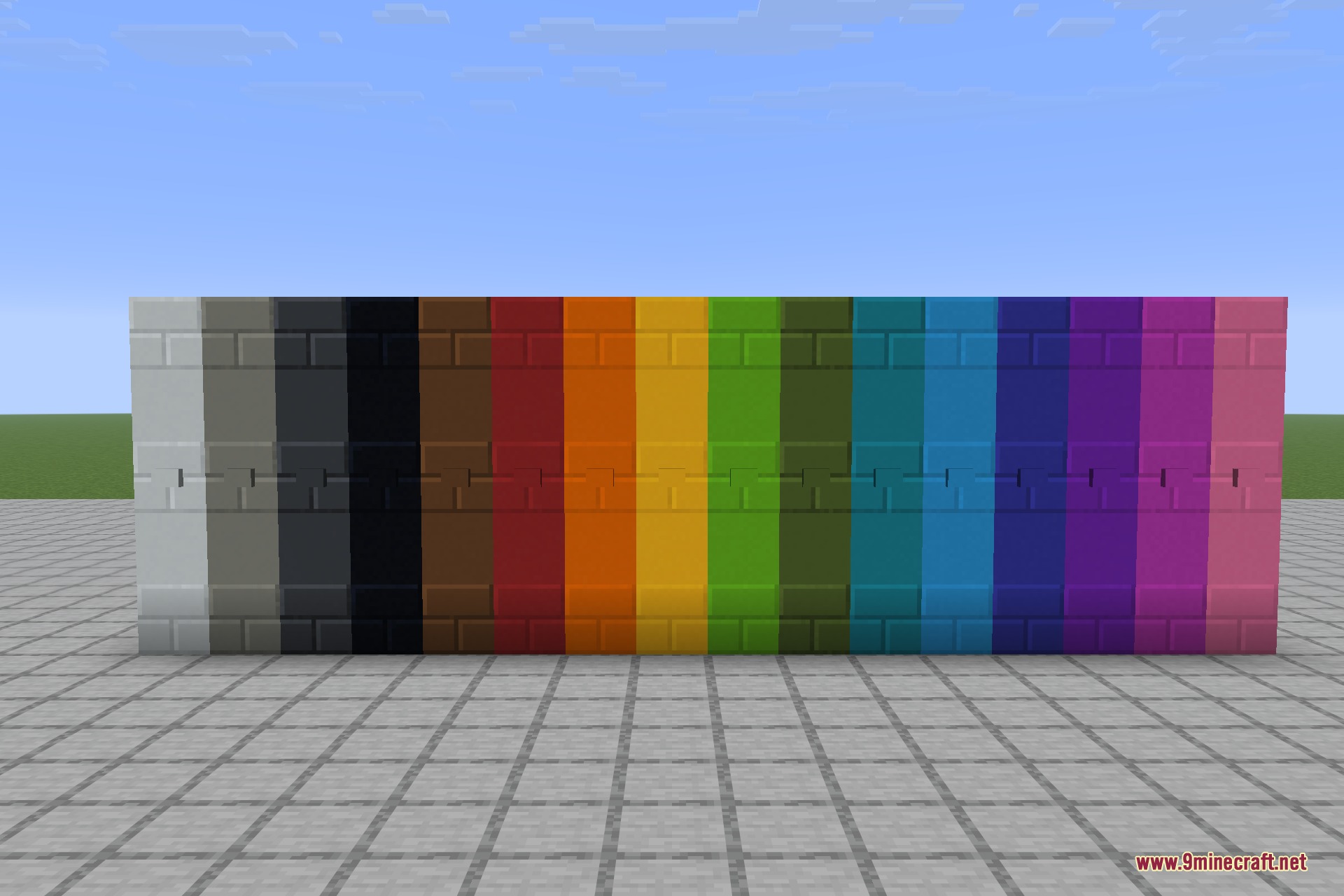 All sixteen colours side by side in the brick and textured finishes