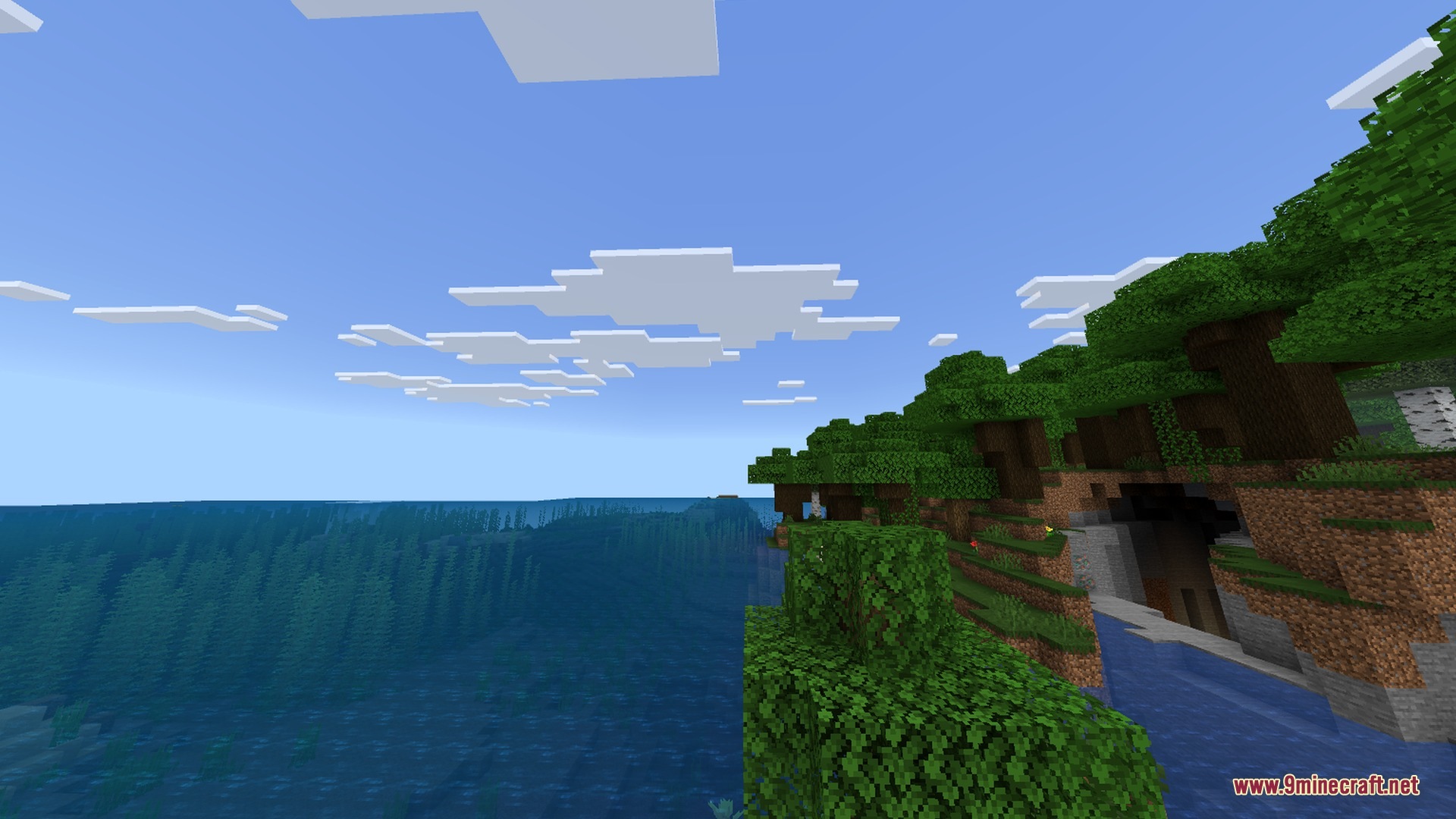 Mobile Ores Fps + Shader Screenshot 1 A lush green cliff overlooks a deep blue ocean with a cave entrance
