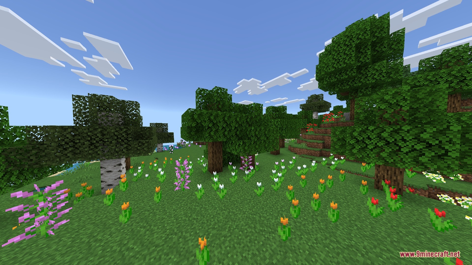 Mobile Ores Fps + Shader Screenshot 10 A vibrant flower forest biome filled with colorful tulips and leafy trees