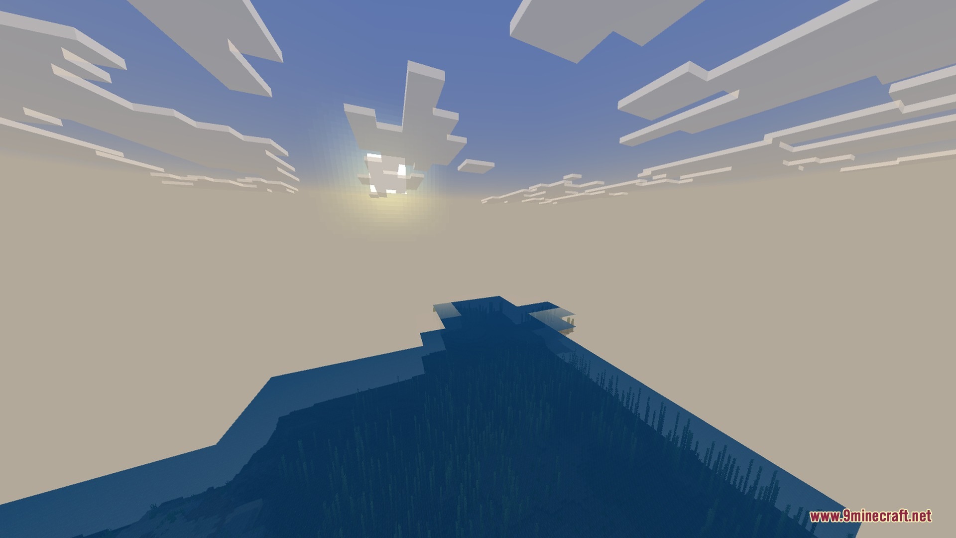 Mobile Ores Fps + Shader Screenshot 2 The sun sets over a vast ocean under a hazy Minecraft sky