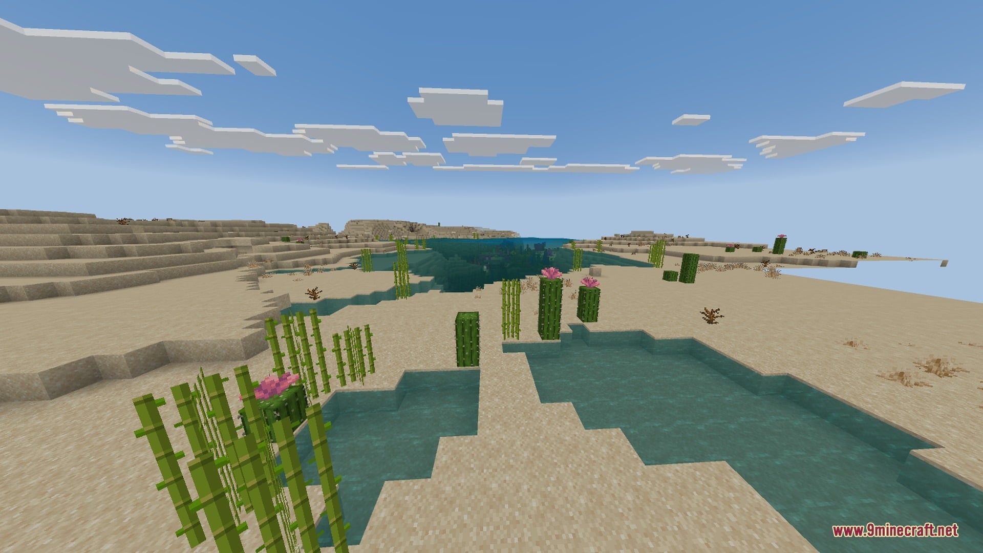 Mobile Ores Fps + Shader Screenshot 8 Desert landscape with sand dunes water pools and tall green cacti