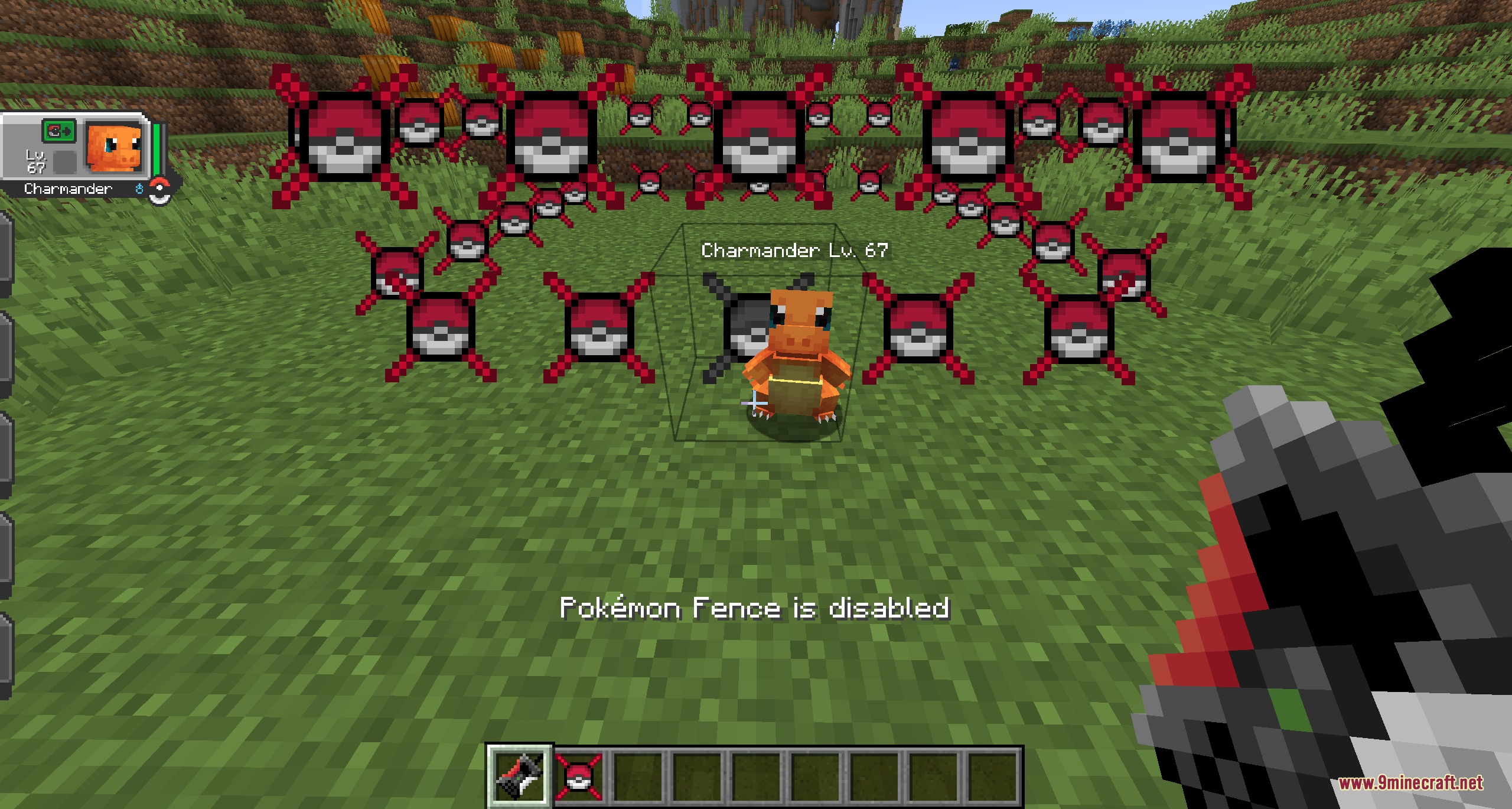 Monbarrier Invisible Boundary Mod Screenshot 2 Player uses a detector tool to reveal disabled red pokemon fence blocks