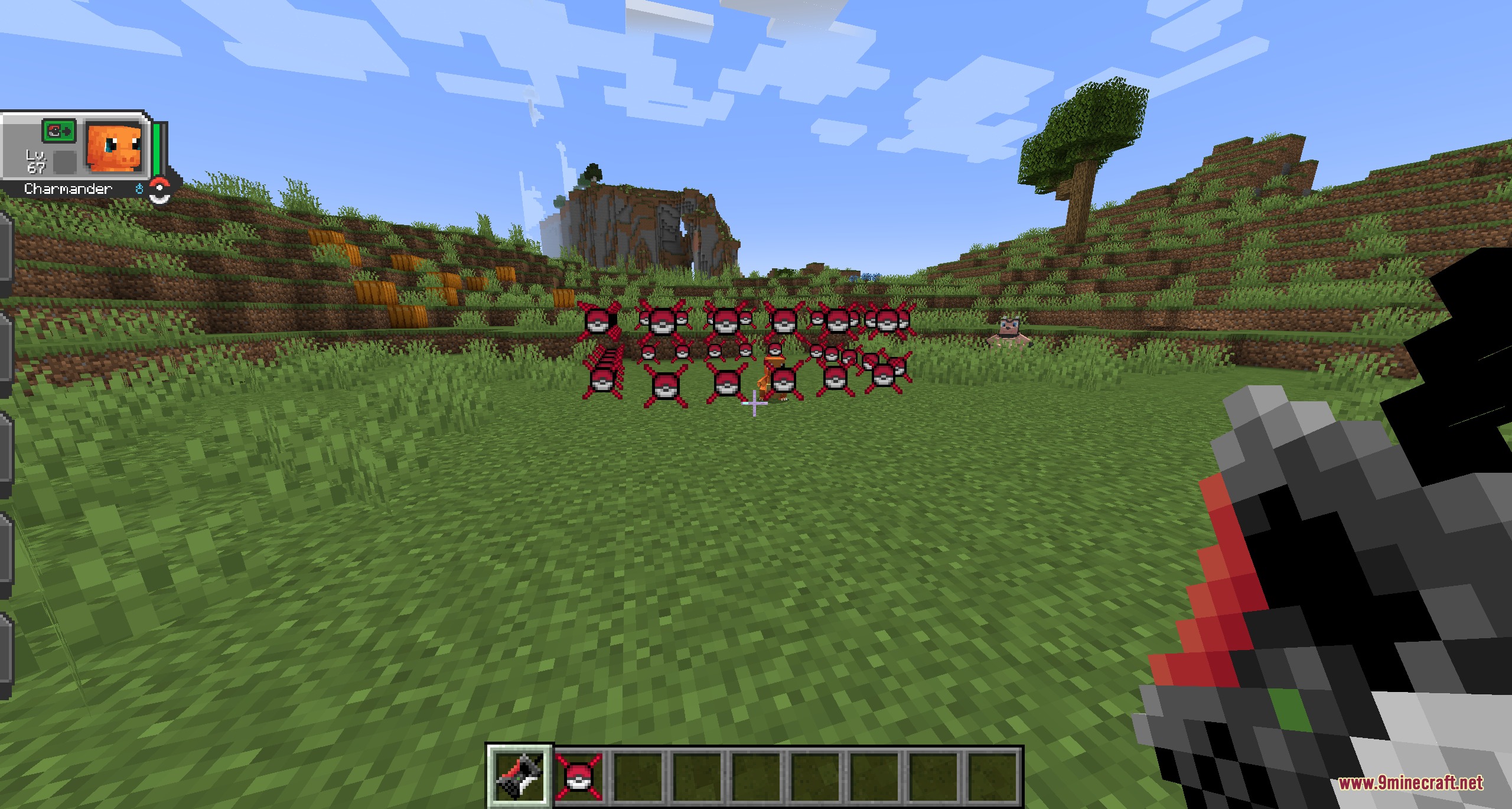 Monbarrier Invisible Boundary Mod Screenshot 3 Player holds a detector tool to reveal red Pokeball barriers in a field
